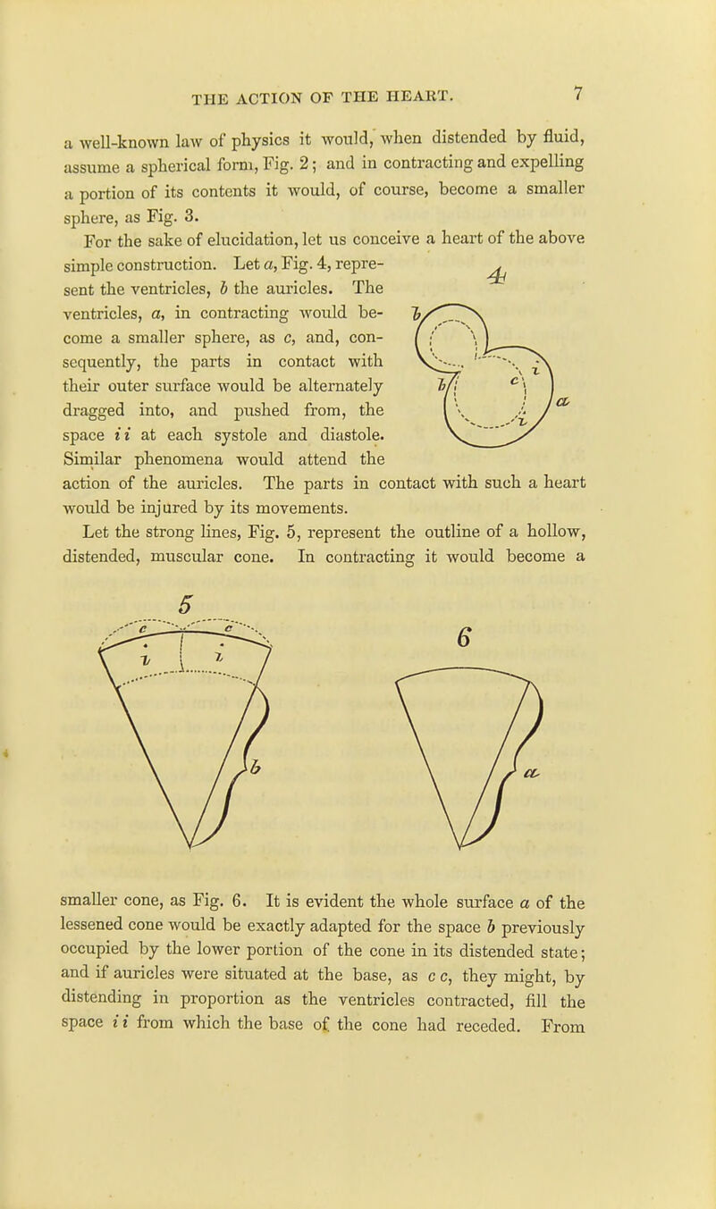 4i a well-known law of physics it would,' when distended by fluid, assume a spherical form, Fig. 2; and in contracting and expelling a portion of its contents it would, of course, become a smaller sphere, as Fig. 3. For the sake of elucidation, let us conceive a heart of the above simple construction. Let a, Fig. 4, repre- sent the ventricles, h the auricles. The ventricles, a, in contracting Avould be- come a smaller sphere, as c, and, con- sequently, the parts in contact with their outer surface would be alternately dragged into, and pushed from, the space ii at each systole and diastole. Similar phenomena would attend the action of the auricles. The parts in contact with such a heart would be injured by its movements. Let the strong lines, Fig. 5, represent the outline of a hollow, distended, muscular cone. In contracting it would become a smaller cone, as Fig. 6. It is evident the whole surface a of the lessened cone would be exactly adapted for the space h previously occupied by the lower portion of the cone in its distended state; and if auricles were situated at the base, as c c, they might, by distending in proportion as the ventricles contracted, fill the space i i fi-om which the base of the cone had receded. From