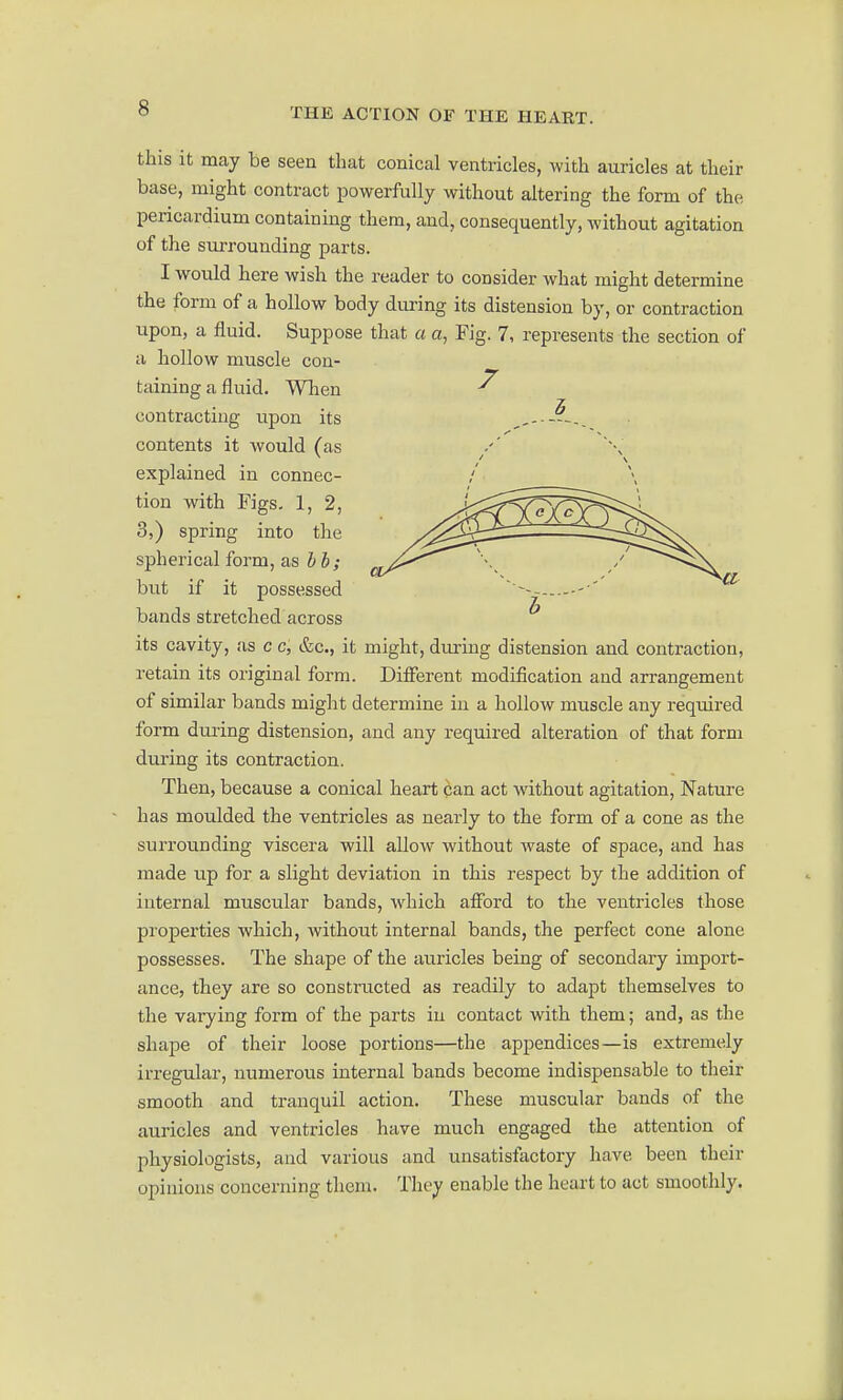 this it may be seen that conical ventricles, with auricles at their base, might contract powerfully without altering the form of the pericardium containing them, and, consequently, without agitation of the surrounding parts. I would here wish the reader to consider what might determine the form of a hollow body during its distension by, or contraction upon, a fluid. Suppose that a a, Fig. 7, represents the section of a hollow muscle con- taining a fluid. Wlien ^ contracting upon its contents it would (as explained in connec- tion with Figs, 1, 2, 3,) spring into the spherical form, as hh; but if it possessed bands stretched across ^ its cavity, as c c, &c., it might, dm-ing distension and contraction, retain its original form. Different modification and arrangement of similar bands might determine in a hollow muscle any required form during distension, and any required alteration of that form during its contraction. Then, because a conical heart can act without agitation. Nature has moulded the ventricles as nearly to the form of a cone as the surrounding viscera will allow without waste of space, and has made up for a slight deviation in this respect by the addition of internal muscular bands, which afford to the ventricles those properties which, without internal bands, the perfect cone alone possesses. The shape of the auricles being of secondary import- ance, they are so constructed as readily to adapt themselves to the varying form of the parts in contact with them; and, as the shape of their loose portions—the appendices—is extremely irregular, numerous internal bands become indispensable to their smooth and tranquil action. These muscular bands of the auricles and ventricles have much engaged the attention of physiologists, and various and unsatistactory have been their opinions concerning them. They enable the heart to act smoothly.