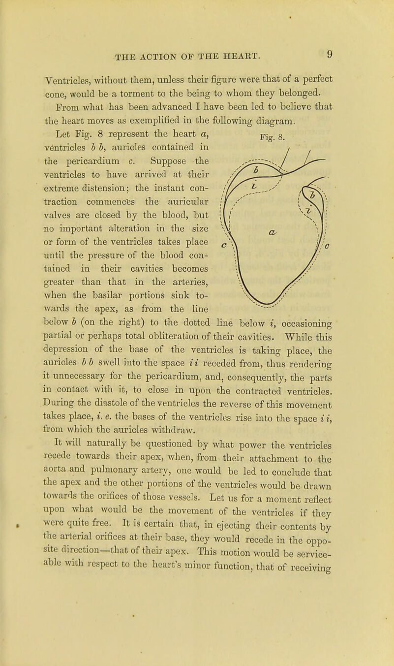 Ventricles, without them, unless their figure were that of a perfect cone, would be a torment to the being to whom they belonged. From what has been advanced I have been led to believe that the heart moves as exemplified in the following diagram. Let Fig. 8 represent the heart a, ventricles b b, auricles contained in the pericardium c. Suppose the ventricles to have arrived at their extreme distension; the instant con- traction commences the auricular valves are closed by the blood, but no important alteration in the size or form of the ventricles takes place until the pressure of the blood con- tained in their cavities becomes greater than that in the arteries, when the basilar portions sink to- wards the apex, as from the line below b (on the right) to the dotted line below i, occasioning partial or perhaps total obliteration of their cavities. While this depression of the base of the ventricles is taking place, the auricles b b swell into the space it receded from, thus rendering it unnecessary for the pericardium, and, consequently, the parts in contact with it, to close in upon the contracted ventricles. During the diastole of the ventricles the reverse of this movement takes place, i. e. the bases of the ventricles rise into the space i i, from which the auricles withdraw. It will naturally be questioned by what power the ventricles recede towards their apex, when, from their attachment to the aorta and pulmonary artery, one would be led to conclude that the apex and the other portions of the ventricles would be drawn towards the orifices of those vessels. Let us for a moment reflect upon what would be the movement of the ventricles if they were quite free. It is certain that, in ejecting their contents by the arterial orifices at their base, they would recede in the oppo- site direction—that of their apex. This motion would be service- able with respect to the heart's minor function, that of receiving