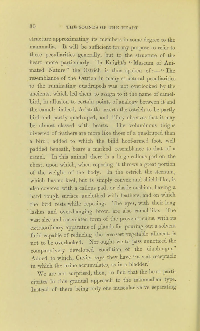Structure approximating its members in some degree to tlie mammalia. It will be sufficient for my purpose to refer to these peculiarities generally, but to tlie structure of the heart more particularly. In Knight's Museum of Ani- mated Nature the'Ostrich is thus spoken of:—The resemblance of the Ostrich in many structural peculiarities to the ruminating quadrupeds was not overlooked by the ancients, which led them to assign to it the name of camel- bird, in allusion to certain points of analogy between it and the camel: indeed, Aristotle asserts the ostrich to be partly bird and partly quadruped, and Pliny observes that it may be almost classed with beasts. The voluminous tloighs divested of feathers are more like those of a quadruped than a bird; added to which the bifid hoof-armed foot, well padded beneath, bears a marked resemblance to that of a ca.mel. In this animal there is a large callous pad on the chest, upon which, when reposing, it throws a great portion of the weight of the body. In the ostrich the sternum, which has no keel, but is simply convex and shield-like, is also covered with a callous pad, or elastic cushion, having a hard roufh surface unclothed with feathers, and on which the bird rests while reposing. The eyes, with their long lashes and over-hanging brow, are also camel-like. The vast size and sacculated form of the proventriculus, with its extraordinary apparatus of glands for pouring out a solvent fluid capable of reducing the coarsest vegetable aliment, is not to be overlooked. Nor ought we to pass unnoticed the comparatively developed condition of the diaphragm. Added to which, Cuvier says they have a vast receptacle in which the urine accumulates, as in a bladder.' We are not surprised, then, to find that the heart parti- cipates in this gradual approach to the mammalian type. Instead of there being only one muscular valve separating