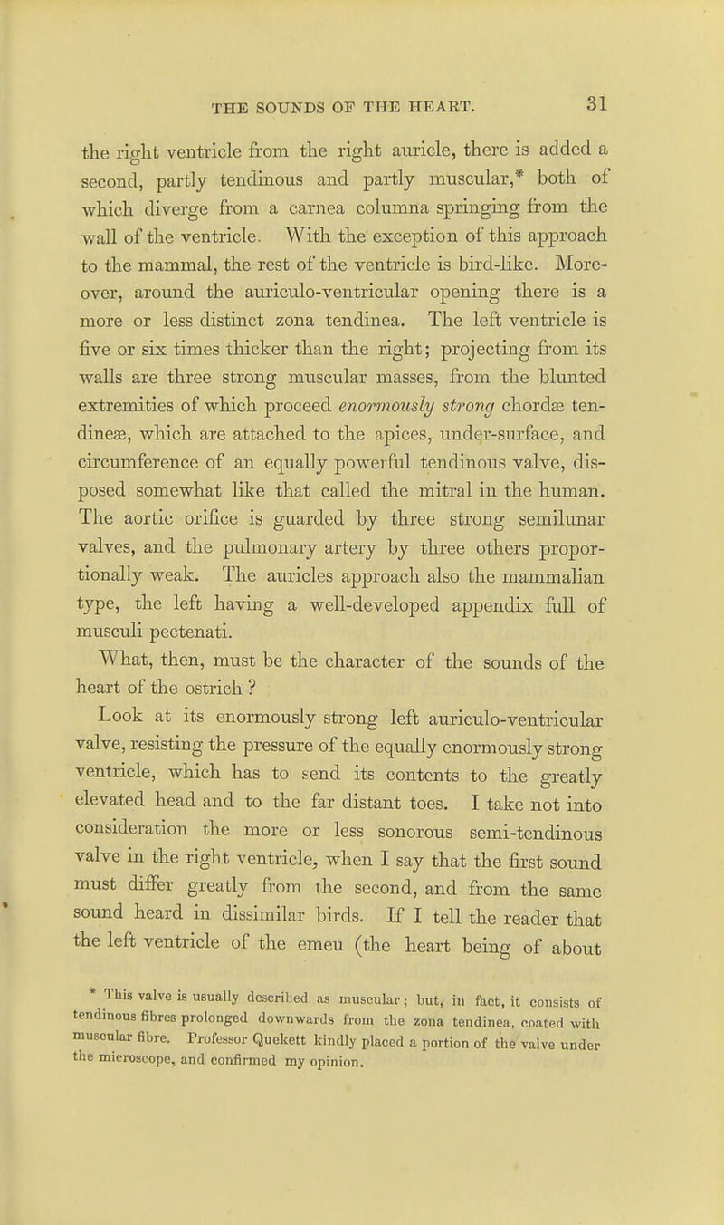 the right ventricle from the right auricle, there is added a second, partly tendinous and partly muscular,* both of which diverge from a carnea columna springing from the wall of the ventricle. With the exception of this approach to the mammal, the rest of the ventricle is bird-like. More- over, around the auriculo-ventricular opening there is a more or less distinct zona tendinea. The left ventricle is five or six times thicker than the right; projecting from its walls are three strong muscular masses, from the blunted extremities of which proceed enormously strong chords ten- dinea, which are attached to the apices, under-surface, and circumference of an equally powerful tendinous valve, dis- posed somewhat like that called the mitral in the human. The aortic orifice is guarded by three strong semilunar valves, and the pulmonary artery by three others propor- tionally weak. The auricles approach also the mammalian type, the left having a well-developed appendix fiiU of musculi pectenati. What, then, must be the character of the sounds of the heart of the ostrich ? Look at its enormously strong left auriculo-ventricular valve, resisting the pressure of the equally enormously strong ventricle, which has to i-end its contents to the greatly elevated head and to the far distant toes. I take not into consideration the more or less sonorous semi-tendinous valve in the right ventricle, when I say that the first sound must differ greatly from the second, and from the same sound heard in dissimilar birds. If I tell the reader that the left ventricle of the emeu (the heart being of about * This valve is usually described as muscular; but, in fact, it consists of tendinous fibres prolonged downwards from the zona tendinea, coated with muscular fibre. Professor Quekett kindly placed a portion of the valve under the microacope, and confirmed my opinion.
