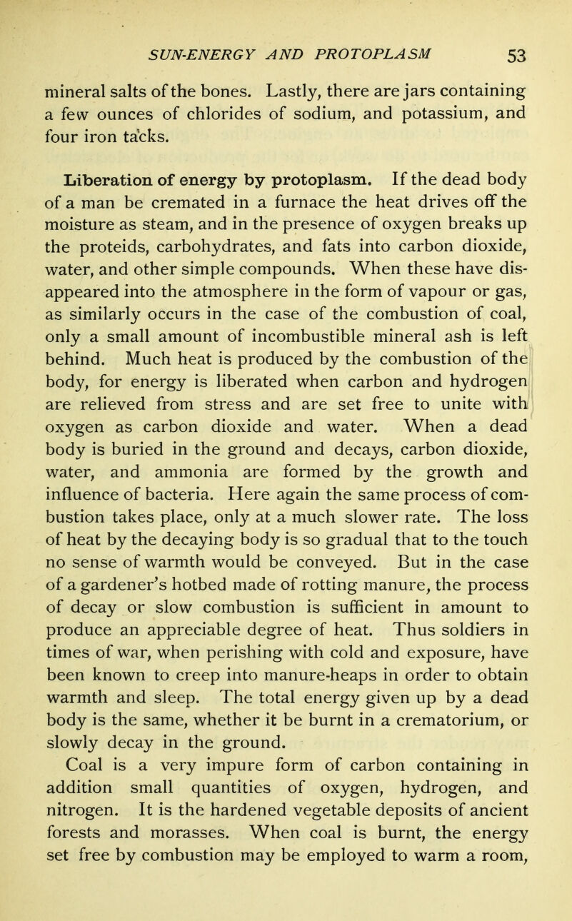 mineral salts of the bones. Lastly, there are jars containing a few ounces of chlorides of sodium, and potassium, and four iron tacks. Liberation of energy by protoplasm. If the dead body of a man be cremated in a furnace the heat drives off the moisture as steam, and in the presence of oxygen breaks up the proteids, carbohydrates, and fats into carbon dioxide, water, and other simple compounds. When these have dis- appeared into the atmosphere in the form of vapour or gas, as similarly occurs in the case of the combustion of coal, only a small amount of incombustible mineral ash is left behind. Much heat is produced by the combustion of the body, for energy is liberated when carbon and hydrogen are relieved from stress and are set free to unite with oxygen as carbon dioxide and water. When a dead body is buried in the ground and decays, carbon dioxide, water, and ammonia are formed by the growth and influence of bacteria. Here again the same process of com- bustion takes place, only at a much slower rate. The loss of heat by the decaying body is so gradual that to the touch no sense of warmth would be conveyed. But in the case of a gardener's hotbed made of rotting manure, the process of decay or slow combustion is sufficient in amount to produce an appreciable degree of heat. Thus soldiers in times of war, when perishing with cold and exposure, have been known to creep into manure-heaps in order to obtain warmth and sleep. The total energy given up by a dead body is the same, whether it be burnt in a crematorium, or slowly decay in the ground. Coal is a very impure form of carbon containing in addition small quantities of oxygen, hydrogen, and nitrogen. It is the hardened vegetable deposits of ancient forests and morasses. When coal is burnt, the energy set free by combustion may be employed to warm a room.