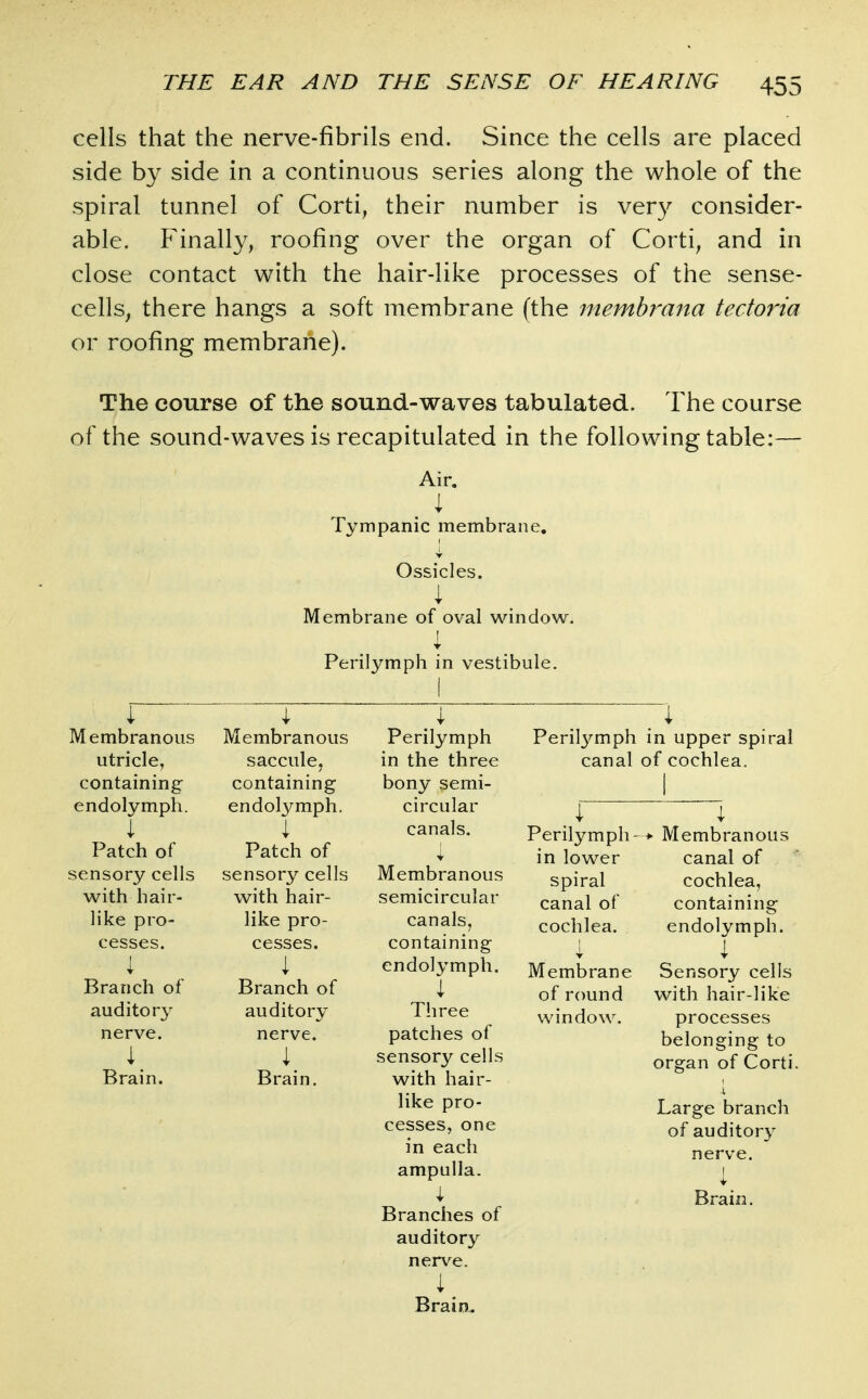 cells that the nerve-fibrils end. Since the cells are placed side by side in a continuous series along the whole of the spiral tunnel of Corti, their number is ver}^ consider- able. Finally, roofing over the organ of Corti, and in close contact with the hair-like processes of the sense- cells, there hangs a soft membrane (the membrana tedoria or roofing membrane). The course of the sound-waves tabulated. The course of the sound-waves is recapitulated in the following table:— Air. Tympanic membrane. Ossicles. \ Membrane of oval window, j Perilymph in vestibule. 4 Membranous utricle, containing endolymph. 4 Patch of sensory cells with hair- like pro- cesses, i Branch of auditor^ nerve. 4^ Brain. 4 Membranous saccule, containing endolymph. 4 Patch of sensory cells with hair- like pro- cesses. 4 Branch of auditory nerve. 4, Brain. Perilymph in the three bony semi- circular canals. Membranous semicircular canals, containing endolymph. 4 Three patches of sensory cells with hair- like pro- cesses, one in each ampulla, i Branches of auditory nerve. 4. Brain. Perilymph canal 4 in upper spiral of cochlea. I .4 Perilymph- in lower spiral canal of cochlea. 4 Membrane of round window. ♦• Membranous canal of cochlea, containing endolymph. 4 Sensory cells with hair-like processes belonging to organ of Corti. Large branch of auditory nerve. I Brain.