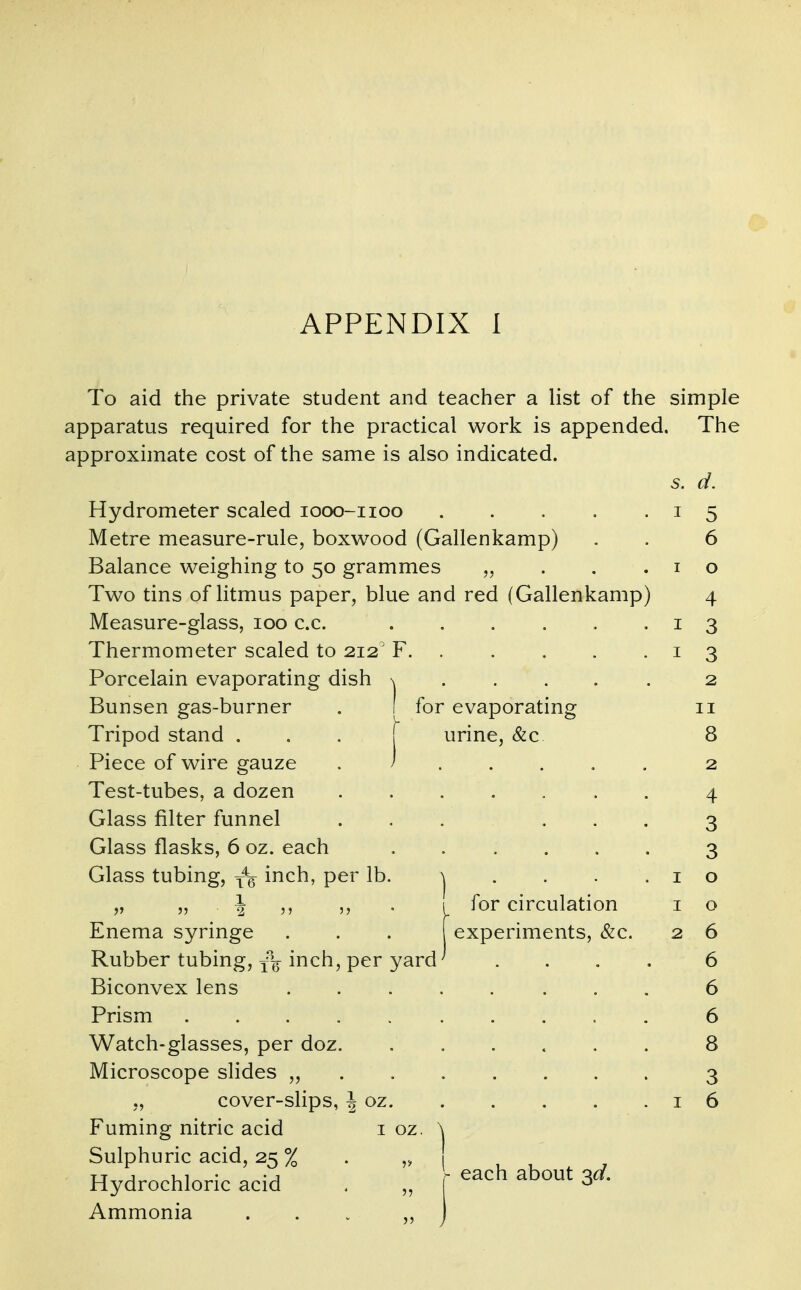 APPENDIX I To aid the private student and teacher a list of the simple apparatus required for the practical work is appended. The approximate cost of the same is also indicated. 5. d. Hydrometer scaled looo-iioo 15 Metre measure-rule, boxwood (Gallenkamp) . . 6 Balance weighing to 50 grammes „ . . .10 Two tins of litmus paper, blue and red (Gallenkamp) 4 Measure-glass, 100 c.c. . . . . . .13 Thermometer scaled to 212 F. . . . . .13 Porcelain evaporating dish \ . . . . . 2 Bunsen gas-burner . I for evaporating 11 Tripod stand . . . f urine, &c 8 Piece of wire gauze . > 2 Test-tubes, a dozen 4 Glass filter funnel ...... 3 Glass flasks, 6 oz. each ...... 3 Glass tubing, inch, per lb. | . . . .10 „ J, % 5, 5> • 1 ^'or circulation i o Enema syringe ... experiments, &c. 2 6 Rubber tubing,inch, per yard ' .... 6 Biconvex lens 6 Prism 6 Watch-glasses, per doz. 8 Microscope slides „ 3 ,, cover-slips, \ oz 16 Fuming nitric acid i oz. \ Sulphuric acid, 25 % . „ u u . ^ Hydrochloric acid . „ r each about 3^. Ammonia ... ,,