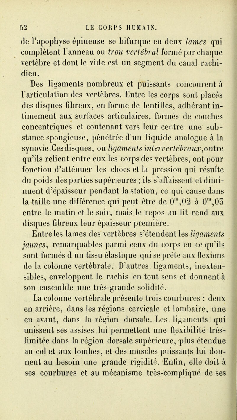 de l'apophyse épineuse se bifurque en deux lames qui complètent l'anneau ou trou vertébral formé par chaque vertèbre et dont le vide est un segment du canal rachi- dien. Des ligaments nombreux et puissants concourent à Farticulation des vertèbres. Entre les corps sont placés des disques fibreux, en forme de lentilles, adhérant in- timement aux surfaces articulaires, formés de couches concentriques et contenant vers leur centre une sub- stance spongieuse, pénétrée d'un liquide analogue à la synovie.Cesdisques, ou ligaments intervertébraux,outre qu'ils relient entre eux les corps des vertèbres, ont pour fonction d'atténuer les chocs et la pression qui résulte du poids des parties supérieures ; ils s'affaissent et dimi- nuent d'épaisseur pendant la station, ce qui cause dans la taille une différence qui peut être de 0\02 à 0\05 entre le matin et le soir, mais le repos au lit rend aux disques fibreux leur épaisseur première. Entre les lames des vertèbres s'étendent les ligaments jaunes^ remarquables parmi ceux du corps en ce qu'ils sont formés d un tissu élastique qui se prête aux Oexions de la colonne vertébrale. D'autres ligaments, inexten- sibles, enveloppent le rachis en tout sens et donnent à son ensemble une très-grande solidité. La colonne vertébrale présente trois courbures : deux en arrière, dans les régions cervicale et lombaire, une en avant, dans la région dorsale. Les ligaments qui unissent ses assises lui permettent une flexibilité très- limitée dans la région dorsale supérieure, plus étendue au col et aux lombes, et des muscles puissants lui don- nent au besoin une grande rigidité. Enfin, elle doit à ses courbures et au mécanisme très-compliqué de ses