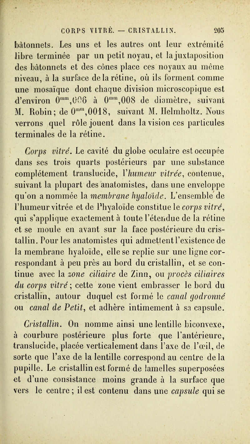 bâtonnets. Les uns et les autres ont leur extrémité libre terminée par un petit noyau, et la juxtaposition des bâtonnets et des cônes place ces noyaux au môme niveau, à la surface de la rétine, où ils forment comme une mosaïque dont chaque division microscopique est d'environ 0^\006 à 0'^\008 de diamètre, suivant M. Robin; de 0^^^\0018, suivant M. Ilelmholtz. Nous verrons quel rôle jouent dans la vision ces particules terminales de la rétine. 1 Corps vitré. Le cavité du globe oculaire est occupée dans ses trois quarts postérieurs par une substance complètement translucide, Vhiimeur vitrée, contenue, suivant la plupart des anatornistes, dans une enveloppe qu'on a nommée la membrane hyaloide. L'ensemble de l'humeur vitrée et de Phyaloïde constitue le corps vitré, qui s'applique exactement à toute l'étendue de la rétine et se moule en avant sur la face postérieure du cris- tallin. Pour les anatomistes qui admettent l'existence de la membrane hyaloïde, elle se replie sur une ligne cor- respondant à peu près au bord du cristallin, et se con- tinue avec la zone ciliaire de Zinn, ou procès cilïaires du corps vitré ; cette zone vient embrasser le bord du cristallin, autour duquel est formé le canal godronné ou canal de Petit, et adhère intimement à sa capsule. Cristallin, On nomme ainsi une lentille biconvexe, à courbure postérieure plus forte que l'antérieure, translucide, placée verticalement dans l'axe de l'œil, de sorte que Paxe de la lentille correspond au centre de la pupille. Le cristallin est formé de lamelles superposées €t d'une consistance moins grande à la surface que vers le centre ; il est contenu dans une capsule qui se