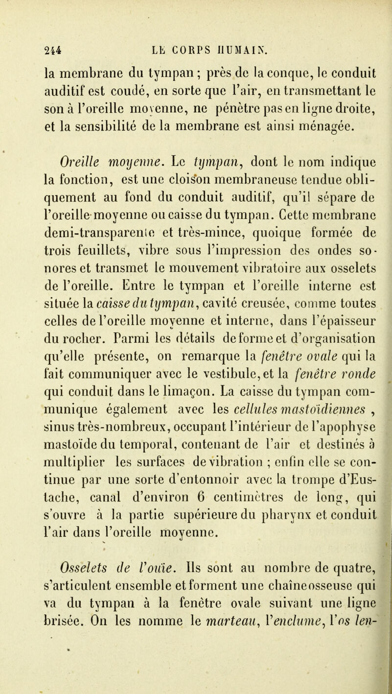 la membrane du tympan ; près de la conque, le conduit auditif est coudé, en sorte que Tair, en transmettant le son à l'oreille moyenne, ne pénètre pas en ligne droite, et la sensibilité de la membrane est ainsi ménagée. Oreille moyenne. Le tympan^ dont le nom indique la fonction, est une cloison membraneuse tendue obli- quement au fond du conduit auditif, qu'il sépare de l'oreille moyenne ou caisse du tympan. Cette membrane demi-transparente et très-mince, quoique formée de trois feuillets, vibre sous l'impression des ondes so- nores et transmet le mouvement vibratoire aux osselets de l'oreille. Entre le tympan et l'oreille interne est située Isi caisse du tijmpan, cavité creusée, comme toutes celles de l'oreille moyenne et interne, dans l'épaisseur du rocher. Parmi les détails de forme et d'organisation qu'elle présente, on remarque la fenêtre ovale qui la fait communiquer avec le vestibule, et la fenêtre ronde qui conduit dans le limaçon. La caisse du tympan com- munique également avec les cellules mastoïdiennes , sinus très-nombreux, occupant l'intérieur de l'apophyse mastoïdedu temporal, contenant de l'air et destinés à multiplier les surfaces de vibration ; enfin elle se con- tinue par une sorte d'entonnoir avec la trompe d'Eus- tache, canal d'environ 6 centimètres de long, qui s'ouvre à la partie supérieure du pharynx et conduit l'air dans l'oreille moyenne. Osselets de rouie. Ils sont au nombre de quatre, s'articulent ensemble et forment une chaîne osseuse qui va du tympan à la fenêtre ovale suivant une ligne brisée. On les nomme le marteau, Venclume^ Vos len-