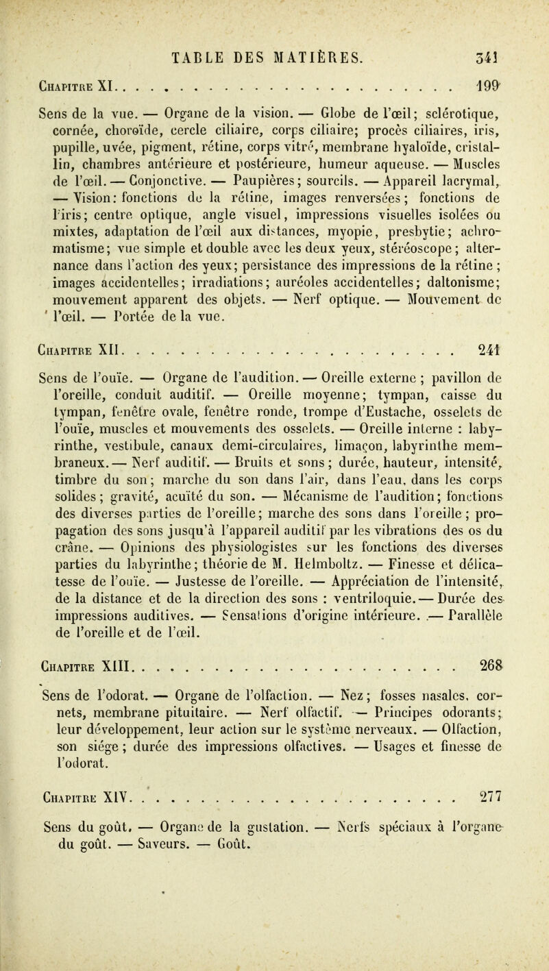 Chapitre XI 199 Sens de la vue. — Organe de la vision. — Globe de l'œil; sclérotique, cornée, choroïde, cercle ciliaire, corps ciliaire; procès ciliaires, iris, pupille, uvée, pigment, rétine, corps vitré, membrane hyaloïde, crislal- lin, chambres antérieure et postérieure, humeur aqueuse. — Muscles de l'œil. — Conjonctive.— Paupières; sourcils. —Appareil lacrymal, — Vision: fonctions du la rétine, images renversées; fonctions de l'iris; centre optique, angle visuel, impressions visuelles isolées ou mixtes, adaptation de l'œil aux distances, myopie, presbytie; achro- matisme; vue simple et double avec les deux yeux, stéréoscope ; alter- nance dans l'action des yeux; persistance des impressions de la réline ; images accidentelles; irradiations; auréoles accidentelles; daltonisme; mouvement apparent des objets. — Nerf optique. — Mouvement de ' Tœil. — Portée de la vue. Chapitre XII 241 Sens de l'ouïe. — Organe de l'audition. — Oreille externe; pavillon de l'oreille, conduit auditif. — Oreille moyenne; tympan, caisse du tympan, fenêtre ovale, fenêtre ronde, trompe d'Eustache, osselets de l'ouïe, muscles et mouvements des osselets. — Oreille interne : laby- rinthe, vestibule, canaux demi-circulaires, limaçon, labyrinthe mem- braneux.— Nerf auditif. — Bruits et sons; durée, hauteur, intensité, timbre du son ; marche du son dans l'air, dans l'eau, dans les corps solides; gravité, acuité du son. — Mécanisme de l'audition; fonctions des diverses parties de Poreille; marche des sons dans l'oreille; pro- pagation des sons jusqu'à l'appareil auditif par les vibrations des os du crâne. — Opinions des physiologistes sur les fonctions des diverses parties du labyrinthe; théorie de M. Helmboltz. — Finesse et délica- tesse de l'ouïe. — Justesse de l'oreille. — Appréciation de l'intensité, de la distance et de la direction des sons : ventriloquie. — Durée des impressions auditives. — Sensations d'origine intérieure. .— Parallèle de l'oreille et de l'œil. Chapitre XIII 268 Sens de l'odorat. — Organe de l'olfaction. — Nez; fosses nasales, cor- nets, membrane pituitaire. — Nerf olfactif. — Principes odorants; leur développement, leur action sur le système nerveaux. — Olfaction, son siège ; durée des impressions olfactives. — Usages et finesse de l'odorat. Chapitre XIY 277 Sens du goût, — Organii de la gustation. — Nerfs spéciaux à l'organe du goût. — Saveurs. — Goût.