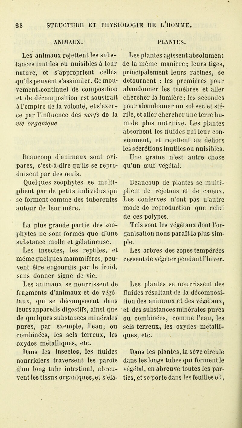 ANIMAUX. Les animaux rejettent les subs- tances inutiles ou nuisibles à leur nature, et s'approprient celles qu'ils peuvent s'assimiler. Ce mou- vement-continuel de composition et de décomposition est soustrait à l'empire de la volonté, et s'exer- ce par l'influence des nerfs de la vie organique Beaucoup d'animaux sont ovi- pares, c'est-à-dire qu'ils se repro- duisent par des œufs. Quelques zoophytes se multi- plient par de petits individus qui se forment comme des tubercules autour de leur mère. La plus grande partie des zoo- phytes ne sont formés que d'une substance molle et gélatineuse. Les insectes, les reptiles, et même quelques mammifères, peu- vent être engourdis par le froid, sans donner signe de vie. Les animaux se nourrissent de fragments d'animaux et de végé- taux, qui se décomposent dans leurs appareils digestifs, ainsi que de quelques substances minérales pures, par exemple, l'eau; ou combinées, les sels terreux, les oxydes métalliques, etc. Dans les insectes, les fluides nourriciers traversent les parois d'un long tube intestinal, abreu- vent les tissus organiques, et s'éla- PLANTES. Les plantes agissent absolument de la même manière ; leurs tiges, principalement leurs racines, se détournent ; les premières pour abandonner les ténèbres et aller chercher la lumière ; les secondes pour abandonner un sol sec et sté- rile, et aller chercher une terre hu- mide plus nutritive. Les plantes absorbent les fluides qui leur con- viennent, et rejettent au dehors les sécrétions inutiles ou nuisibles. Une graine n'est autre chose qu'un œuf végétal. Beaucoup de plantes se multi- plient de rejetons et de caïeux. Les conferves n'ont pas d'autre mode de reproduction que celui de ces polypes. Tels sont les végétaux dontTor- ganisation nous paraît la plus sim- ple. Les arbres des zones tempérées cessent de végéter pendant l'hiver. Les plantes se nourrissent des fluides résultant de la décomposi- tion des animaux et des végétaux, et des substances minérales pures ou combinées, comme l'eau, les sels terreux, les oxydes métalli- ques, etc. Dans les plantes, la séve circule dans les longs tubes qui forment le végétal, en abreuve toutes les par- ties, et se porte dans les feuilles où,