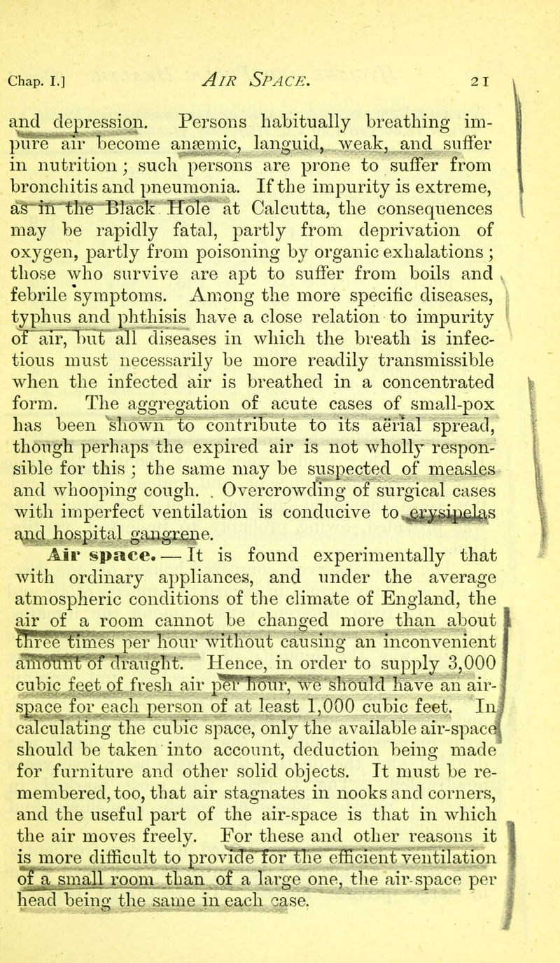 and depression. Persons habitually breathing im- pure air become ana3mic, languid, weak, and suffer in nutrition ; such persons are prone to suffer from bronchitis and pneumonia. If the impurity is extreme, a^iii the Black Hole at Calcutta, the consequences may be rapidly fatal, partly from deprivation of oxygen, partly from poisoning by organic exhalations ; those who survive are apt to suffer from boils and febrile symptoms. Among the more specific diseases, typhus and phthisis have a close relation to impurity ofaii^lnit all diseases in which the breath is infec- tious must necessarily be more readily transmissible when the infected air is breathed in a concentrated form. The aggregation of acute cases of smaJl-pox has been 'shown to contribute to its aerial spread, though perhaps the expired air is not wholly respon- sible for this ; the same may be suspected of measles and whooping cough. . Overcrowding of surgical cases with iruperfect ventilation is conducive to,,,g^^|^gjil^s and hospital gaiigr^ne. Air space, — It is found experimentally that with ordinary appliances, and under the average atmospheric conditions of the climate of England, the air of a room cannot be chano;ed more than about tliree times per hour without causing an inconvenient affl'BTlflt of draught. Hence, in order to supply 3,000 cubic feet of fresh air p?FTioiTr,'' we should have an air- space for each person of at least 1,000 cubic feet. Inj calculating the cubic space, only the available air-spacel should be taken into account, deduction being made for furniture and other solid objects. It must be re- membered, too, that air stagnates in nooks and corners, and the useful part of the air-space is that in which the air moves freely. For these and other reasons it is more difficult to provicTe for the^efficient ventilation of a small room than of a large one, tlie air space per head being the same in each case.