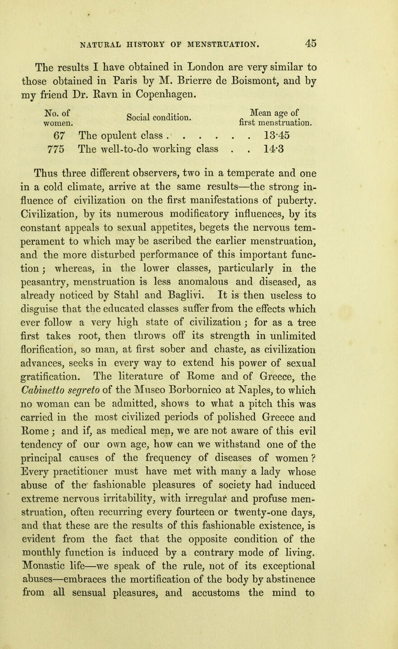 The results I have obtained in London are very similar to those obtained in Paris by M. Brierre de Boismont^ and by my friend Dr. Ravn in Copenhagen. ^^-^^^ Social condition. Mean age of women. nrst menstruation. 67 The opulent class 13-45 775 The well-to-do working class . . 14*3 Thus three different observers, two in a temperate and one in a cold climate, arrive at the same results—the strong in- fluence of civilization on the first manifestations of puberty. Civilization, by its numerous modificatory influences, by its constant appeals to sexual appetites, begets the nervous tem- perament to which maybe ascribed the earlier menstruation, and the more disturbed performance of this important func- tion ; whereas, in the lower classes, particularly in the peasantry, menstruation is less anomalous and diseased, as already noticed by Stahl and Baglivi. It is then useless to disguise that the educated classes suffer from the effects which ever follow a very high state of civilization; for as a tree first takes root, then throws off its strength in unlimited florification, so man, at first sober and chaste, as civilization advances, seeks in every way to extend his power of sexual gratification. The literature of Rome and of Greece, the Cabinetto segreto of the Museo Borbornico at Naples, to which no woman can be admitted, shows to what a pitch this was carried in the most civilized periods of polished Greece and Rome ; and if, as medical men, we are not aware of this evil tendency of our own age, how can we withstand one of the principal causes of the frequency of diseases of women ? Every practitioner must have met with many a lady whose abuse of the fashionable pleasures of society had induced extreme nervous irritability, with irregular and profuse men- struation, often recurring every fourteen or twenty-one days, and that these are the results of this fashionable existence, is evident from the fact that the opposite condition of the monthly function is induced by a contrary mode of living. Monastic life—we speak of the rule, not of its exceptional abuses—embraces the mortification of the body by abstinence from all sensual pleasures, and accustoms the mind to