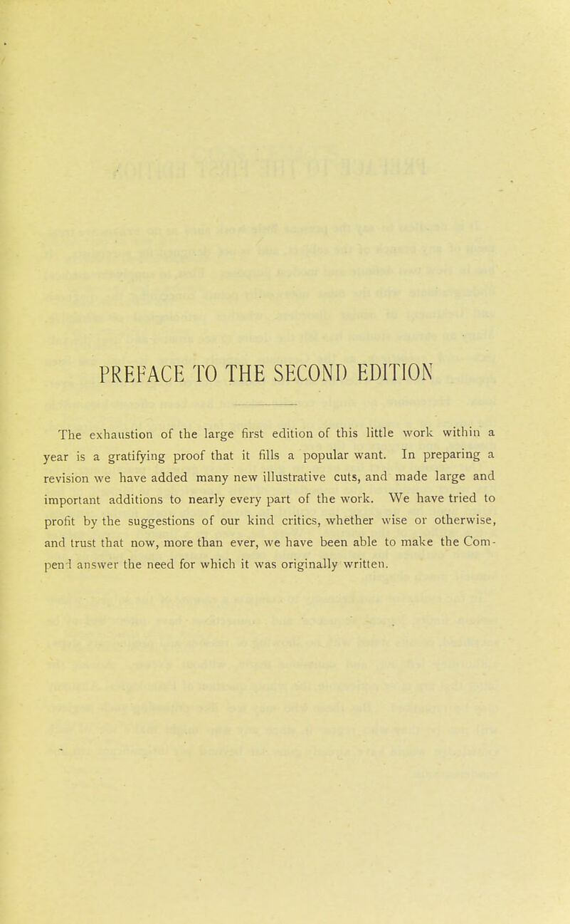 PREFACE TO THE SECOND EDITION The exhaustion of the large first edition of this little work within a year is a gratifying proof that it fills a popular want. In preparing a revision we have added many new illustrative cuts, and made large and important additions to nearly every part of the work. We have tried to profit by the suggestions of our kind critics, whether wise or otherwise, and trust that now, more than ever, we have been able to make the Com- pen l answer the need for which it was originally written.