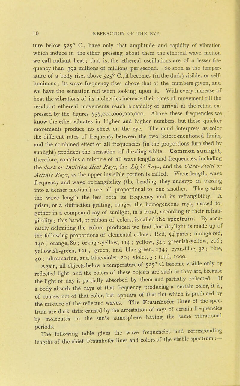 ture below 525° C, have only that amplitude and rapidity of vibration which induce in the ether pressing about them the ethereal wave motion we call radiant heat; that is, the ethereal oscillations are of a lesser fre- quency than 392 millions of millions per second. So soon as the temper- ature of a body rises above 525° C, it becomes (in the dark) visible, or self- luminous; its wave frequency rises above that of the numbers given, and we have the sensation red when looking upon it. With every increase of heat the vibrations of its molecules increase their rates of movement till the resultant ethereal movements reach a rapidity of arrival at the retina ex- pressed by the figures 757,000,000,000,000. Above these frequencies we know the ether vibrates in higher and higher numbers, but these quicker movements produce no effect on the eye. The mind interprets as color the different rates of frequency between the two before-mentioned limits, and the combined effect of all frequencies (in the proportions furnished by sunlight) produces the sensation of dazzling white. Common sunlight, therefore, contains a mixture of all wavelengths and frequencies, including the dark or Invisible Heat Rays, the Light Rays, and the Ultra- Violet or Actinic Rays, as the upper invisible portion is called. Wave length, wave frequency and wave refrangibility (the bending they undergo in passing into a denser medium) are all proportional to one another. The greater the wave length the less both its frequency and its refrangibility. A prism, or a diffraction grating, ranges the homogeneous rays, massed to- gether in a compound ray of sunlight, in a band, according to their refran- gibility; this band, or ribbon of colors, is called the spectrum. By accu- rately delimiting the colors produced we find that daylight is made up of the following proportions of elemental colors: Red, 54 parts; orange-red, 140; orange, 80; orange-yellow, 114 ; yellow, 54; greenish-yellow, 206; yellowish-green, 121; green, and blue-green, 134; cyan-blue, 32; blue, 40; ultramarine, and blue-violet, 20; violet, 5 ; total, looo. Again, all objects below a temperature of 525° C. become visible only by reflected light, and the colors of these objects are such as they are, because the light of day is partially absorbed by them and partially reflected. If a body absorb the rays of that frequency producing a certain color, it is, of course, not of that color, but appears of that tint which is produced by the mixture of the reflected waves. The Fraunhofer lines of the spec- trum are dark stria caused by the arrestation of rays of certain frequencies by molecules in the sun's atmosphere having the same vibrational periods. The following table gives the wave frequencies and corresponding lengths of the chief Fraunhofer lines and colors of the visible spectrum :—