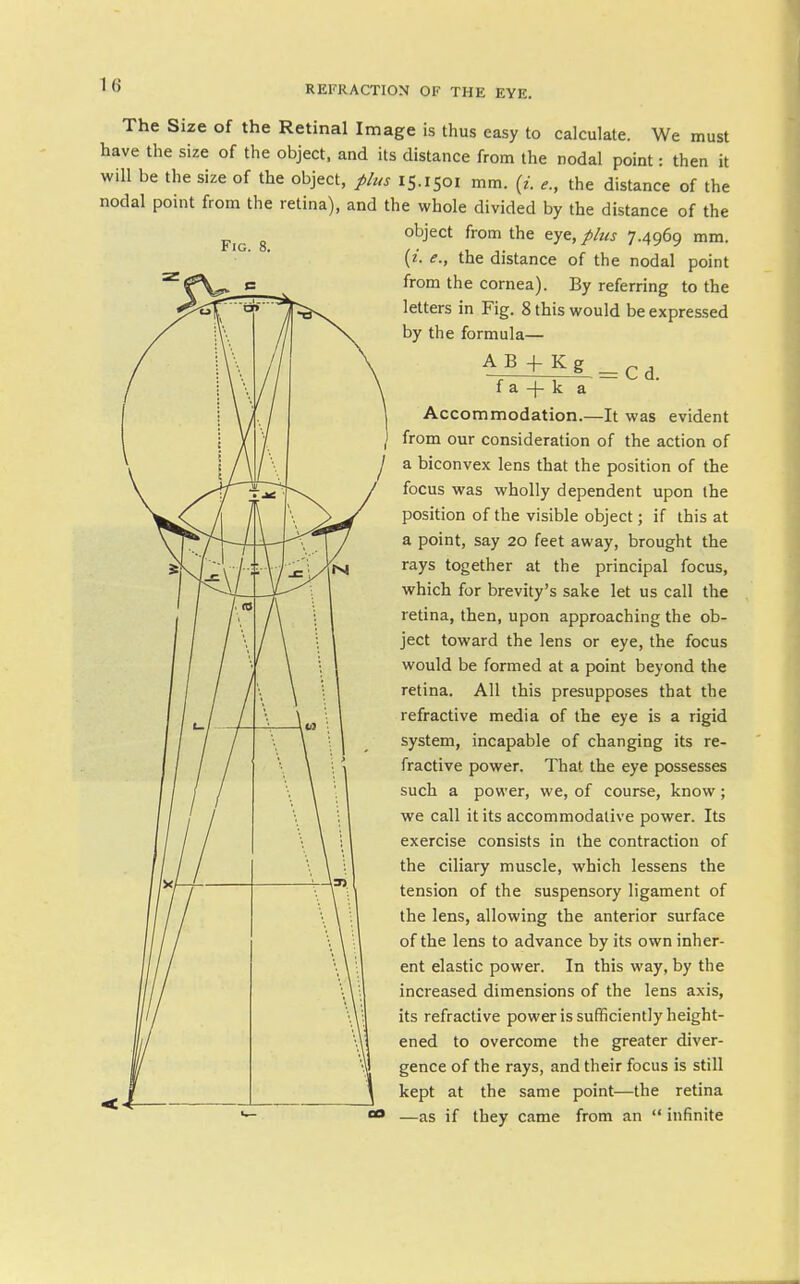 Fig. 8. The Size of the Retinal Image is thus easy to calculate. We must have the size of the object, and its distance from the nodal point: then it will be the size of the object, plus 15.1501 mm. {i. e., the distance of the nodal point from the retina), and the whole divided by the distance of the object from the eye,/A« 7.4969 mm. [i. e., the distance of the nodal point from the cornea). By referring to the letters in Fig. 8 this would be expressed by the formula— V^ + fg=Cd. f a + k a Accommodation.—It was evident from our consideration of the action of a biconvex lens that the position of the focus was wholly dependent upon the position of the visible object; if this at a point, say 20 feet away, brought the rays together at the principal focus, which for brevity's sake let us call the retina, then, upon approaching the ob- ject toward the lens or eye, the focus would be formed at a point beyond the retina. All this presupposes that the refractive media of the eye is a rigid system, incapable of changing its re- fractive power. That the eye possesses such a power, we, of course, know; we call it its accommodative power. Its exercise consists in the contraction of the ciliary muscle, which lessens the tension of the suspensory ligament of the lens, allowing the anterior surface of the lens to advance by its own inher- ent elastic power. In this way, by the increased dimensions of the lens axis, its refractive power is sufficiently height- ened to overcome the greater diver- gence of the rays, and their focus is still kept at the same point—the retina —as if they came from an  infinite