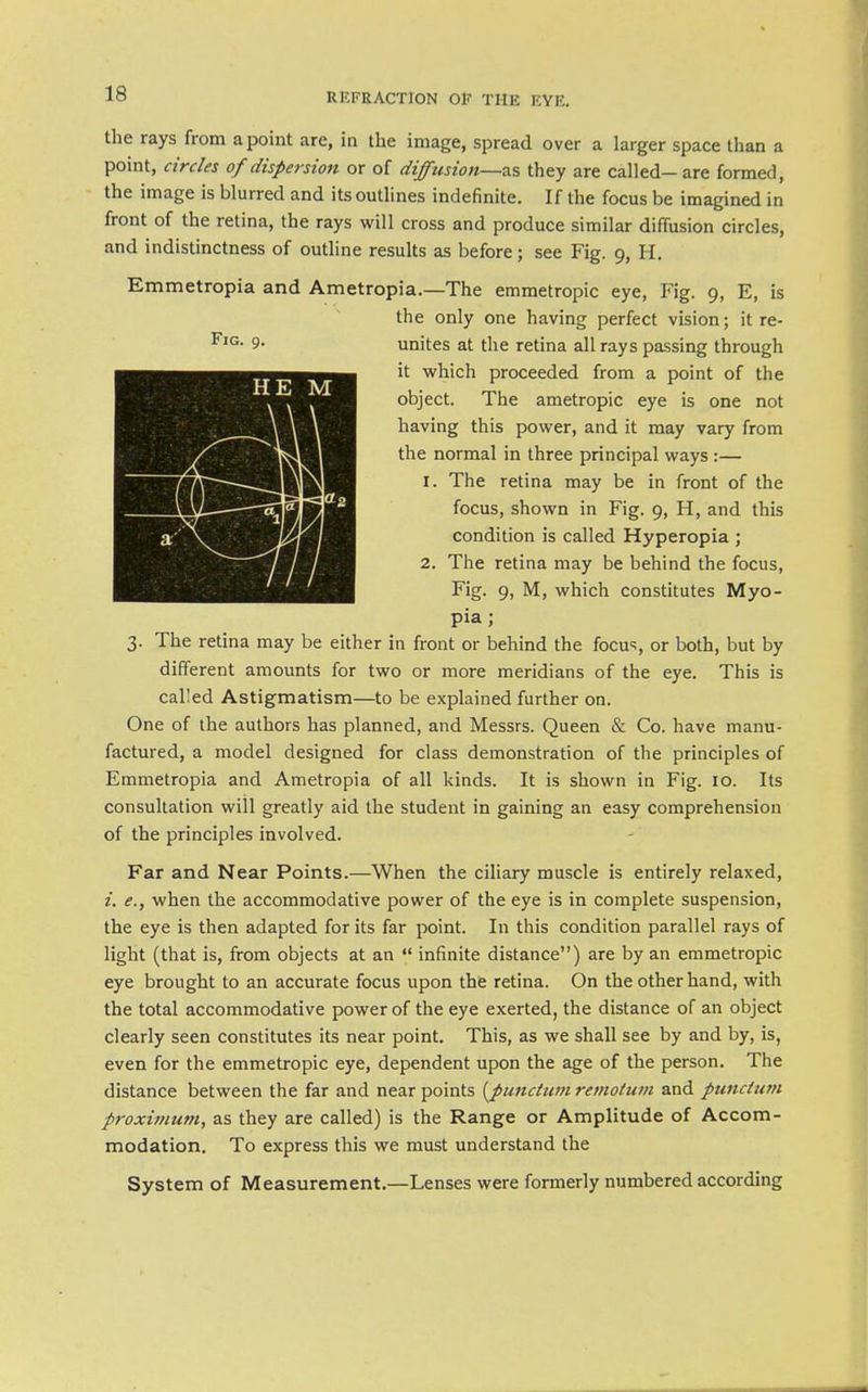 Fig. 9. the rays from a point are, in the image, spread over a larger space than a point, circles of dispersion or of diffusion—as they are called—are formed, the image is blurred and its outlines indefinite. If the focus be imagined in front of the retina, the rays will cross and produce similar diffusion circles, and indistinctness of outline results as before; see Fig. 9, H. Emmetropia and Ametropia.—The emmetropic eye, Fig. 9, E, is the only one having perfect vision; it re- unites at the retina all rays passing through it which proceeded from a point of the object. The ametropic eye is one not having this power, and it may vary from the normal in three principal ways :— 1. The retina may be in front of the focus, shown in Fig. 9, H, and this condition is called Hyperopia ; 2. The retina may be behind the focus, Fig. 9, M, which constitutes Myo- pia; 3. The retina may be either in front or behind the focus, or both, but by different amounts for two or more meridians of the eye. This is called Astigmatism—to be explained further on. One of the authors has planned, and Messrs. Queen & Co. have manu- factured, a model designed for class demonstration of the principles of Emmetropia and Ametropia of all kinds. It is shown in Fig. 10. Its consultation will greatly aid the student in gaining an easy comprehension of the principles involved. Far and Near Points.—When the ciliary muscle is entirely relaxed, i. e., when the accommodative power of the eye is in complete suspension, the eye is then adapted for its far point. In this condition parallel rays of light (that is, from objects at an  infinite distance) are by an emmetropic eye brought to an accurate focus upon the retina. On the other hand, with the total accommodative power of the eye exerted, the distance of an object clearly seen constitutes its near point. This, as we shall see by and by, is, even for the emmetropic eye, dependent upon the age of the person. The distance between the far and near points (^punctwn remotiim and puncttim proxitnum, as they are called) is the Range or Amplitude of Accom- modation. To express this we must understand the System of Measurement.—Lenses were formerly numbered according