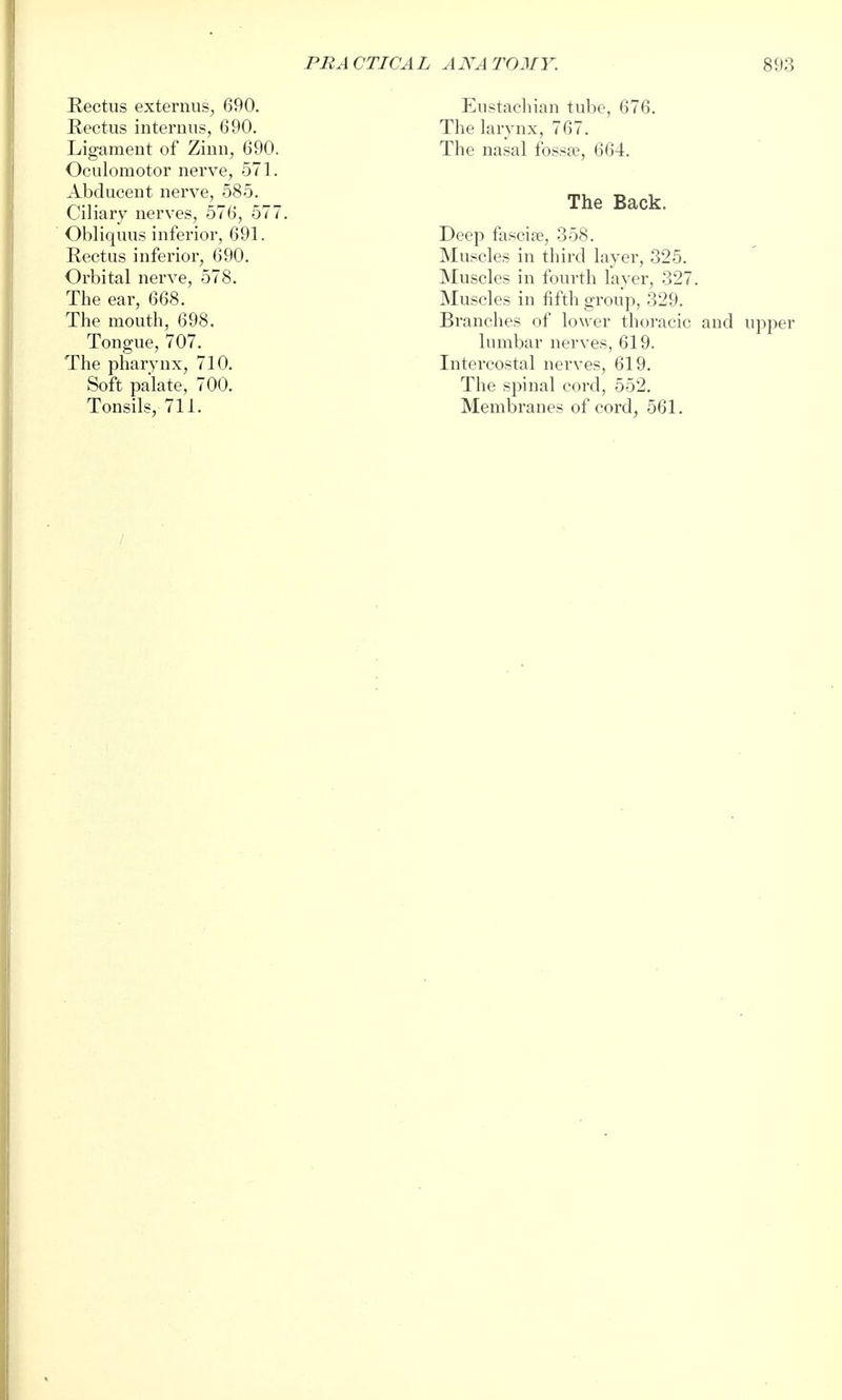 Rectus externus, 690. Rectus interims, 690. Ligament of Ziun, 690. Oculomotor nerve, 571. Abducent nerve, 585. Ciliary nerves, 576, 577 Obliquus inferior, 691. Rectus inferior, 690. Orbital nerve, 578. The ear, 668. The mouth, 698. Tongue, 707. The pharynx, 710. Soft palate, 700. Tonsils, 711. Eustachian tube, 676. The larynx, 767. The nasal fossje, 664. The Back. Deep fascife, 358. Muscles in third layer, 325. Muscles in fourth layer, 327. Muscles in fifth group, 329. Branches of lower thoracic and upper lumbar nerves, 619. Intercostal nerves, 619. The spinal cord, 552. Membranes of cord, 561.