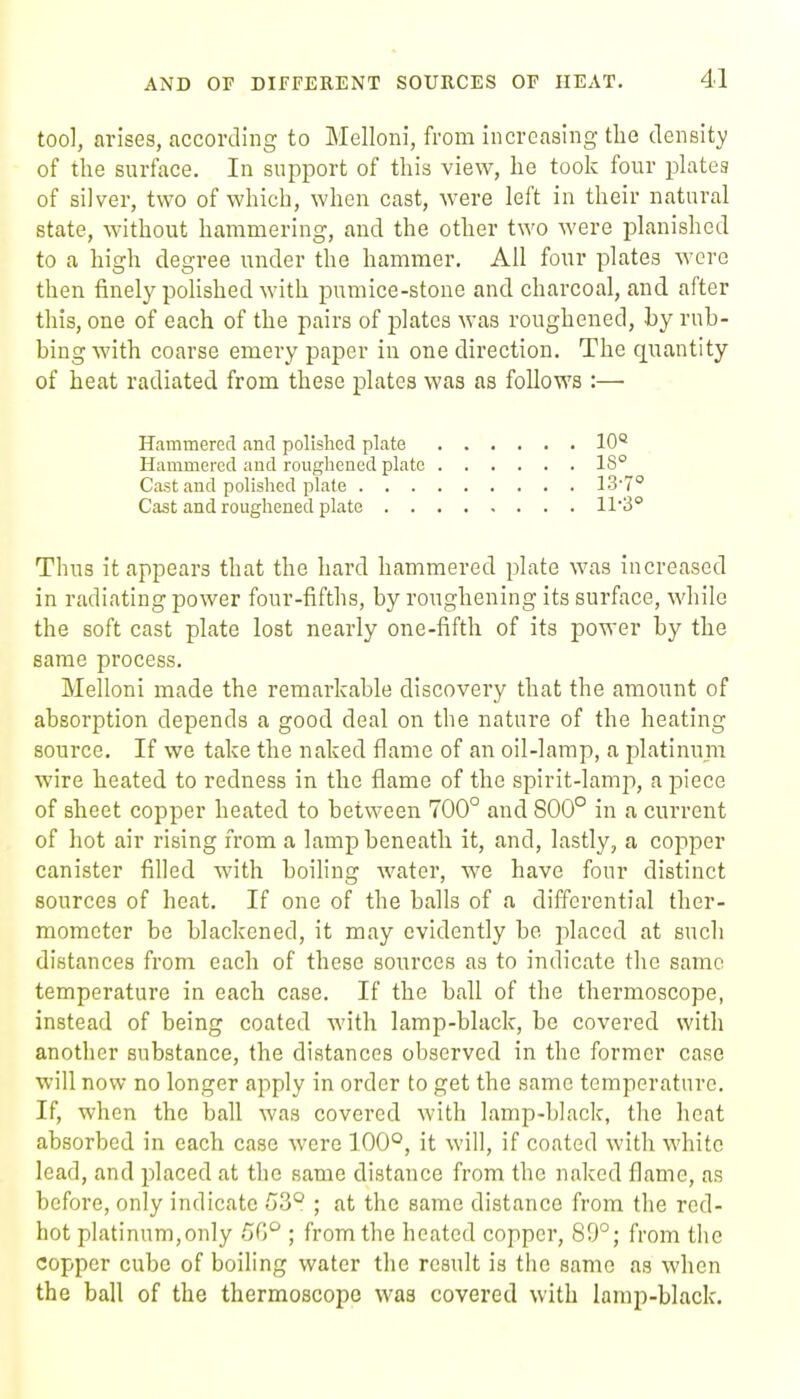 tool, arises, according to Melloni, from increasing the (lensity of the surface. In support of this view, he took four plates of silver, two of which, when cast, were left in their natural state, without hammering, and the other two were planished to a high degree under the hammer. All four plates -were then finely polished with pumice-stone and charcoal, and after this, one of each of the pairs of plates was roughened, by rub- bing with coarse emery paper in one direction. The quantity of heat radiated from these plates was as follows :— Thus it appears that the hard hammered plate was increased the soft cast plate lost nearly one-fifth of its power by the same process. Melloni made the remarkable discovery that the amount of absorption depends a good deal on the nature of the heating source. If we take the naked flame of an oil-lamp, a platinum wire heated to redness in the flame of the spirit-lamji, a piece of sheet copper heated to between 700° and 800° in a current of hot air rising from a lamp beneath it, and, lastly, a copper canister filled with boihng water, we have four distinct sources of heat. If one of the balls of a differential ther- mometer be blackened, it may evidently be placed at such distances from each of these sources as to indicate the same temperature in each case. If the ball of the thermoscope, instead of being coated with lamp-black, be covered with another substance, the distances observed in the former case will now no longer apply in order to get the same temperature. If, when the ball was covered with lamp-black, the heat absorbed in each case were 100*^, it will, if coated with white lead, and placed at the same distance from the naked flame, as before, only indicate 5.3° ; at the same distance from the red- hot platinum,only 5('>° ; from the heated copper, 89°; from the copper cube of boiling water the result is the same as when the ball of the thermoscope was covered with lamp-black. Hammered and polished plate Hammered and roughened plate Cast and polished plate . . . Cast and roughened plate . . 10« 18° 13-7° in radiating power four-fifth s, by roughening its surface, while