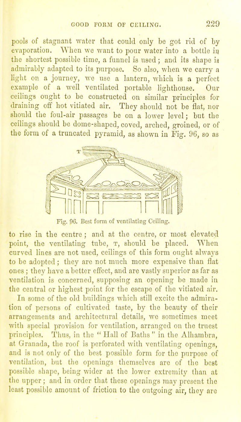 pools of stagnant water that could only be got rid of by evaporation. When we want to pour water into a bottle iij the shortest possible time, a funnel is used; and its shape is admirably adapted to its purpose. So also, when we carry a light on a journey, we use a lantern, which is a perfect example of a well ventilated portable lighthouse. Our ceilings ought to be constructed on similar principles for draining off hot vitiated air. They should not be flat, nor should the foul-air passages be on a lower level; but the ceilings should be dome-shaped, coved, arched, groined, or of the form of a truncated pyramid, as shown in Fig. 96, so as Fig. 96. Best form of ventilating Ceiling. to rise in the centre ; and at the centre, or most elevated point, the ventilating tube, t, should be placed. When curved lines are Bot used, ceilings of this form ought always to be adopted ; they are not much more expensive than flat ones ; they have abetter effect, and are vastly superior as far as ventilation is concerned, supposing an opening be made in the central or highest point for the escape of the vitiated air. In some of the old buildings which still excite the admira- tion of persons of cultivated taste, by the beauty of their arrangements and architectural details, we sometimes meet with special provision for ventilation, arranged on the truest principles. Thus, in the  Hall of Baths  in the Alhambra, at Granada, the roof is perforated with ventilating openings, and is not only of the best possible form for the purpose of ventilation, but the openings themselves arc of the best possible shape, being wider at the lower extremity than at the upper; and in order that these openings may present the least possible amount of friction to the outgoing air, they are
