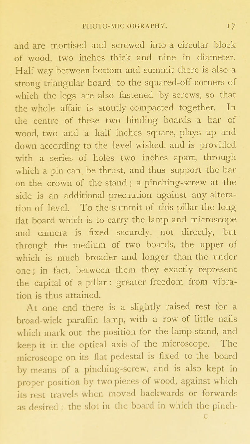 and are mortised and screwed into a circular block of wood, two inches thick and nine in diameter. Half way between bottom and summit there is also a strong triangular board, to the squared-off corners of which the legs are also fastened by screws, so that the whole affair is stoutly compacted together. In the centre of these two binding boards a bar of wood, two and a half inches square, plays up and down according to the level wished, and is provided with a series of holes two inches apart, through which a pin can be thrust, and thus support the bar on the crown of the stand ; a pinching-screw at the side is an additional precaution against any altera- tion of level. To the summit of this pillar the long flat board which is to carry the lamp and microscope and camera is fixed securely, not directly, but through the medium of two boards, the upper of which is much broader and longer than the under one ; in fact, between them they exactly represent the capital of a pillar: greater freedom from vibra- tion is thus attained. At one end there is a slightly raised rest for a broad-wick paraffin lamp, with a row of little nails which mark out the position for the lamp-stand, and keep it in the optical axis of the microscope. The microscope on its flat pedestal is fixed to the board by means of a pinching-screw, and is also kept in proper position by two pieces of wood, against which its rest travels when moved backwards or forwards as desired ; the slot in the board in which the pinch- c