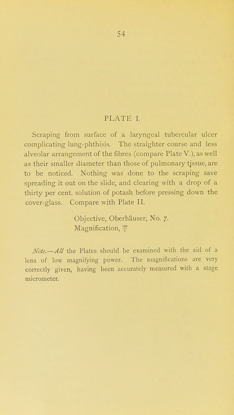 PLATE I. Scraping from surface of a laryngeal tubercular ulcer complicating lung-phthisis. The straighter course and less alveolar arrangement of the fibres (compare Plate V.), as well as their smaller diameter than those of pulmonary tjssue, are to be noticed. Nothing was done to the scraping save spreading it out on the slide, and clearing with a drop of a thirty per cent, solution of potash before pressing down the cover-glass. Compare with Plate II. Objective, Oberhauser, No. 7. Magnification, '-f Note.—All the Plates should be examined with the aid of a lens of low magnifying power. The magnifications are very correctly given, having been accurately measured with a stage micrometer.