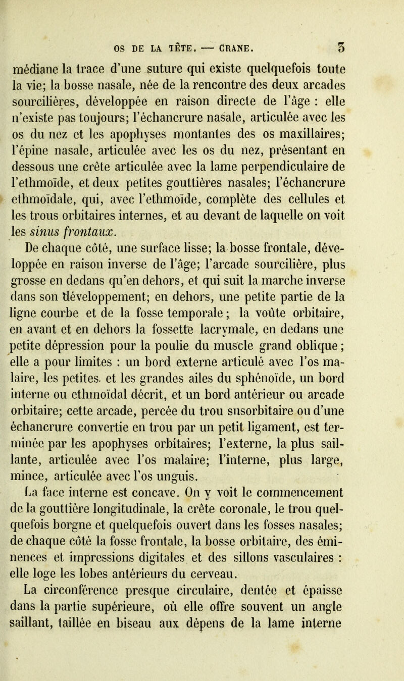 médiane la trace d'une suture qui existe quelquefois toute la vie; la bosse nasale, née de la rencontre des deux arcades sourciliéres, développée en raison directe de Tâge : elle n'existe pas toujours; l'échancrure nasale, articulée avec les os du nez et les apophyses montantes des os maxillaires; l'épine nasale, articulée avec les os du nez, présentant en dessous une crête articulée avec la lame perpendiculaire de l'ethmoïde, et deux petites gouttières nasales; l'échancrure ethmoïdale, qui, avec l'ethmoïde, complète des cellules et les trous orbitaires internes, et au devant de laquelle on voit les sinus frontaux. De chaque côté, une surface lisse; la bosse frontale, déve- loppée en raison inverse de l'âge; l'arcade sourcihére, plus grosse en dedans qu'en dehors, et qui suit la marche inverse dans son développement; en dehors, une petite partie de la ligne courbe et de la fosse temporale ; la voûte orbitaire, en avant et en dehors la fossette lacrymale, en dedans une petite dépression pour la pouhe du muscle grand obhque ; elle a pour limites : un bord externe articulé avec l'os ma- laire, les pethes. et les grandes ailes du sphénoïde, un bord interne ou ethmoïdal décrit, et un bord antérieur ou arcade orbitaire; cette arcade, percée du trou susorbitaire ou d'une échancrure convertie en trou par un petit ligament, est ter- minée par les apophyses orbitaires; l'externe, la plus sail- lante, articulée avec l'os malaire; l'interne, plus large, mince, articulée avec Tos unguis. La face interne est concave. On y voit le commencement de la gouttière longitudinale, la crête coronale, le trou quel- quefois borgne et quelquefois ouvert dans les fosses nasales; de chaque côté la fosse frontale, la bosse orbitaire, des émi- nences et impressions digitales et des sillons vasculaires : elle loge les lobes antérieurs du cerveau. La circonférence presque circulaire, dentée et épaisse dans la partie supérieure, où elle offre souvent un angle paillant, taillée en biseau aux dépens de la lame interne