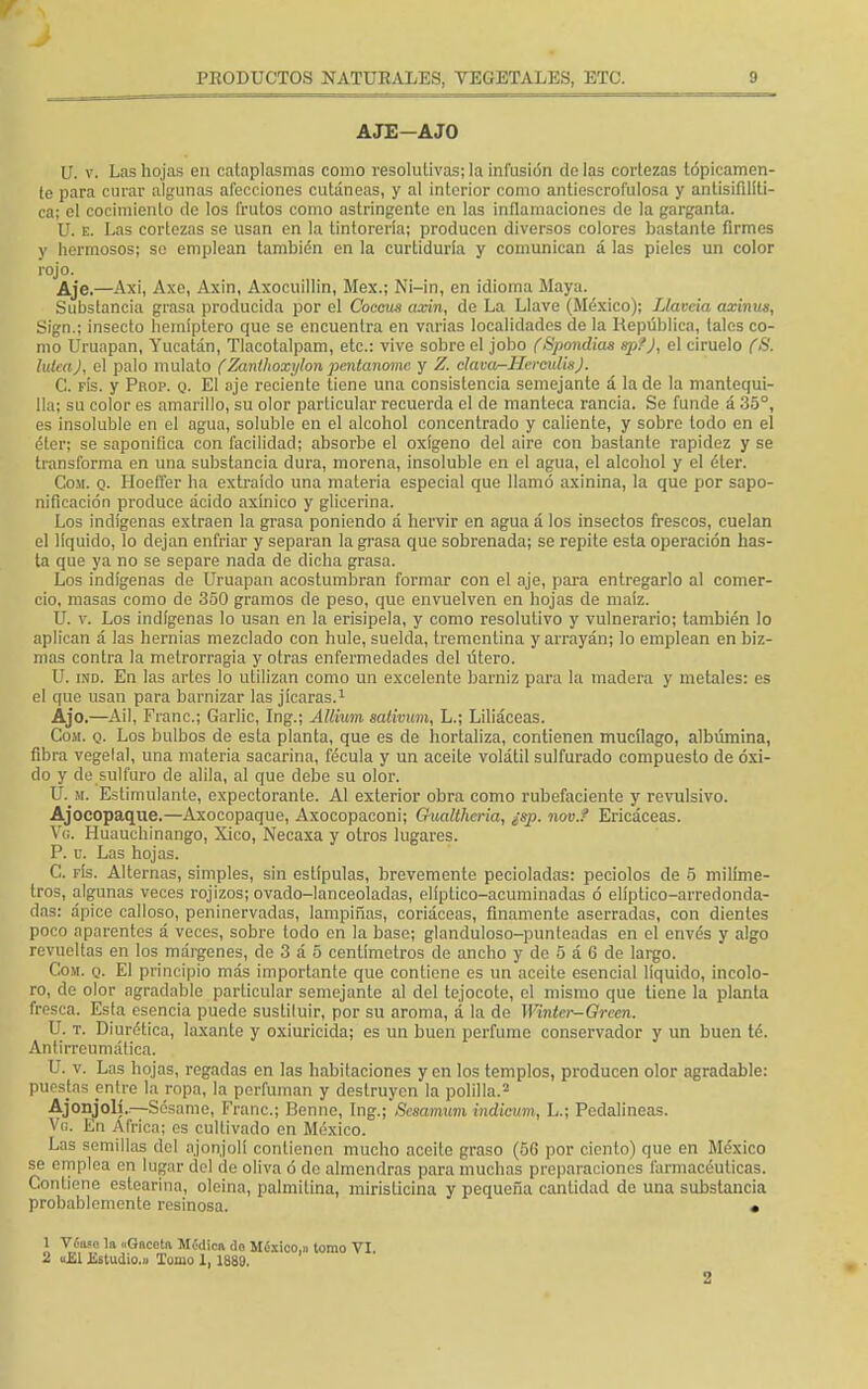 AJE-AJO U. v. Las hojas en cataplasmas como resolutivas; la infusión de las cortezas tópicamen- te para curar algunas afecciones cutáneas, y al interior como antiescrofulosa y antisifilíti- ca; el cocimiento de los frutos como astringente en las inflamaciones de la garganta. U. e. Las cortezas se usan en la tintorería; producen diversos colores bastante firmes y hermosos; so emplean también en la curtiduría y comunican á las pieles un color rojo. Aje.—Axi, Axe, Axin, Axocuillin, Méx.; Ni-in, en idioma Maya. Substancia grasa producida por el Coccus axin, de La Llave (México); IJavcia axinus, Sign.; insecto hemíptero que se encuentra en varias localidades de la República, tales co- mo Uruapan, Yucatán, Tlacotalpam, etc.: vive sobre el jobo (Spondias npf), el ciruelo fS- luleaj, el palo mulato (Zanlhoxylon pentanomc y 'Z. clava^-Hcreidis). C. fís. y Prop. q. El aje reciente tiene una consistencia semejante á la de la mantequi- lla; su color es amarillo, su olor particular recuerda el de manteca rancia. Se funde á 35°, es insoluble en el agua, soluble en el alcohol concentrado y caliente, y sobre todo en el éter; se saponifica con facilidad; absorbe el oxígeno del aire con bastante rapidez y se transforma en una substancia dura, morena, insoluble en el agua, el alcohol y el éter. Cosí. q. Hoeffer ha extraído una materia especial que llamó axinina, la que por sapo- nificación produce ácido axínico y glieerina. Los indígenas extraen la grasa poniendo á hervir en agua á los insectos frescos, cuelan el líquido, lo dejan enfriar y separan la grasa que sobrenada; se repite esta operación has- ta que ya no se separe nada de dicha grasa. Los indígenas do Uruapan acostumbran formar con el aje, para entregarlo al comer- cio, masas como de 350 gramos de peso, que envuelven en hojas de maíz. U. v. Los indígenas lo usan en la erisipela, y como resolutivo y vulnerario; también lo aplican á las hernias mezclado con hule, suelda, trementina y arrayán; lo emplean en biz- mas contra la metrorragia y otras enfermedades del útero. U. ind. En las artes lo utilizan como un excelente barniz para la madera y metales: es el que usan para barnizar las jicaras.1 Ajo.—Ail, Franc; Garlic, Ing.; Allium saiivum, L.; Liliáceas. Cosí. q. Los bulbos de esta planta, que es de hortaliza, contienen mucílago, albúmina, fibra vegelal, una materia sacarina, fécula y un aceite volátil sulfurado compuesto de óxi- do y de sulfuro de alila, al que debe su olor. XJ. u. Estimulante, expectorante. Al exterior obra como rubefaciente y revulsivo. Ajocopaque.—Axocopaque, Axocopaconi; Gualtheria, ¿sp. nov.? Ericáceas. Vg. Huauchinango, Xico, Necaxa y otros lugares. P. u. Las hojas. C. fís. Alternas, simples, sin estípulas, brevemente pecioladas: peciolos de o milíme- tros, algunas veces rojizos; ovado-lanceoladas, elíptico-acuminadas ó elíptico-arredonda- das: ápice calloso, peninervadas, lampiñas, coriáceas, finamente aserradas, con dientes poco aparentes á veces, sobre todo en la base; glanduloso-punteadas en el envés y algo revueltas en los márgenes, de 3 á 5 centímetros de ancho y de 5 á 6 de largo. Cosí. q. El principio más importante que contiene es un aceite esencial líquido, incolo- ro, de olor agradable particular semejante al del tejocote, el mismo que tiene la planta fresca. Esta esencia puede sustiluir, por su aroma, á la de Wintcr-Green. U. t. Diurética, laxante y oxiuricida; es un buen perfume conservador y un buen té. Anlirreumática. U. v. Las hojas, regadas en las habitaciones y en los templos, producen olor agradable: puestas entre la ropa, la perfuman y destruyen la polilla.2 Ajonjolí..—Sésame, Franc; Benne, Ing.; Scsamum indicum, L.; Pedalineas. Vg. En Africa; es cultivado en México. Las semillas del ajonjolí contienen mucho aceite graso (5G por ciento) que en México se emplea en lugar del de oliva ó de almendras para muchas preparaciones farmacéuticas. Contiene estearina, oleina, palmiüna, mirislicina y pequeña cantidad de una substancia probablemente resinosa. • 1 Vóoío la «Gaceta Módica do México,» tomo VI. 2 uEl Estudio.» Tomo 1, 1889.