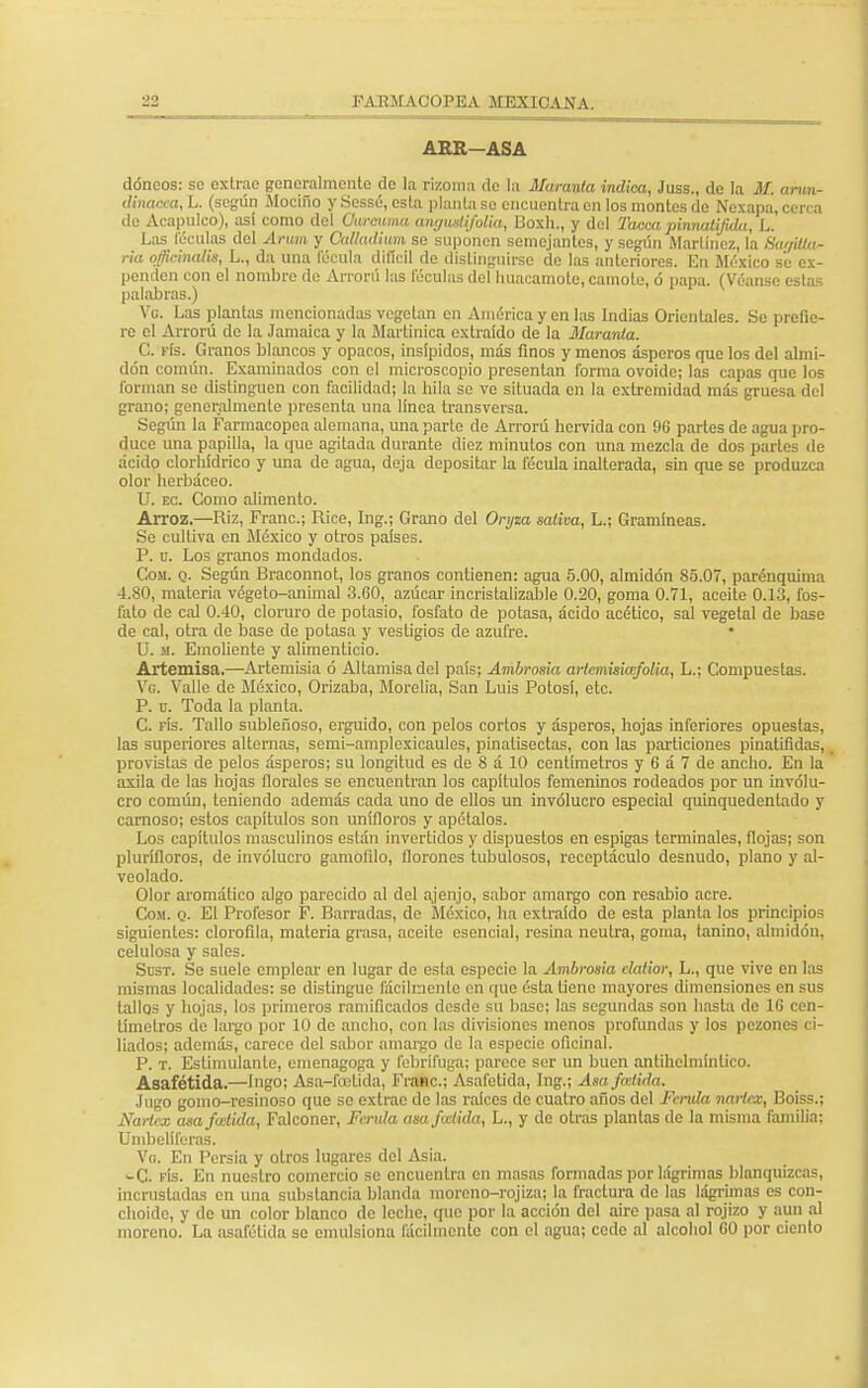 ARR-ASA dóneos: se extrae generalmente de la rizoma de la Maranta indica, Juss., do la M. arun- dinaoea, L. (según Mociño y Scssé, esta planta se encuentra en los montes de Nexapa, cerca de Acapulco), así como del Cúrcuma angmtifolia, Boxh., y del Tanca pinnatifida, L. Las féculas del Áruvi y CaUaditm se suponen semejantes, y según Martínez, la Sar/illa- ría qficinalis, L., da una fécula difioil de distinguirse de las anteriores. En Atóxico se ex- penden con el nombre de Arrorú las féculas del lmacamote, camote, ó papa. (Véanse estas palabras.) Ve. Las plantas mencionadas vegetan en América y en las Indias Orientales. Se prefie- re el Arrorú de la Jamaica y la Martinica extraído de la ilaranla. C. fís. Granos blancos y opacos, insípidos, más finos y menos ásperos que los del almi- dón común. Examinados con el microscopio presentan forma ovoide; las capas que los forman se distinguen con facilidad; la hila se ve situada en la extremidad más gruesa del grano; generalmente presenta una línea transversa. Según la Farmacopea alemana, una parte de Arrorú hervida con 9G partes de agua pro- duce una papilla, la que agitada durante diez minutos con una mezcla de dos partes de ácido clorhídrico y una de agua, deja depositar la fécula inalterada, sin que se produzca olor herbáceo. U. ec. Como alimento. Arroz.—Riz, Franc; Rice, Ing.; Grano del Oryza saliva, L.; Gramíneas. Se cultiva en México y otros países. P. n. Los granos mondados. Com. rj. Según Braconnot, los granos contienen: agua 5.00, almidón 85.07, parénquima 4.80, materia végeto-animal 3.G0, azúcar incristalizable 0.20, goma 0.71, aceite 0.13, fos- fato de cal 0.40, cloruro de potasio, fosfato de potasa, ácido acético, sal vegetal de base de cal, otra de base de potasa y vestigios de azufre. U. m. Emoliente y alimenticio. Artemisa.—Artemisia ó Altamisa del país; Ambrosia artemisicefolia, L.; Compuestas. Ve Valle de México, Orizaba, Morelia, San Luis Potosí, etc. P. ü. Toda la planta. C. fís. Tallo subleñoso, erguido, con pelos cortos y ásperos, hojas inferiores opuestas, las superiores alternas, semí-amplexicaulcs, pinaüsectas, con las particiones pinatifidas, provistas de pelos ásperos; su longitud es de 8 á 10 centímetros y 6 á 7 de ancho. En la axila de las hojas florales se encuentran los capítulos femeninos rodeados por un invólu- cro común, teniendo además cada uno de ellos un involucro especial quinquedentíido y carnoso; estos capítulos son unifloros y apétalos. Los capítulos masculinos están invertidos y dispuestos en espigas terminales, flojas; son plurífloros, de involucro gamofilo, florones tubulosos, receptáculo desnudo, plano y al- veolado. Olor aromático algo parecido al del ajenjo, sabor amargo con resabio acre. Com. q. El Profesor F. Barradas, de México, ha extraído de esta planta los principios siguientes: clorofila, materia grasa, aceite esencial, resina neutra, goma, tanino, almidón, celulosa y sales. Sust. Se suele emplear en lugar de esta especio la Ambrosia clatior, L., que vive en las mismas localidades: so distingue fácilmente en que ésta tiene mayores dimensiones en sus tallos y hojas, los primeros ramificados desde su base; las segundas son hasta de 16 cen- tímetros de largo por 10 de ancho, con las divisiones menos profundas y los pezones ci- liados; además, carece del sabor amargo de la especie oficinal. P. t. Estimulante, cmenagoga y febrífuga; parece ser un buen antihelmíntico. Asafétida.—lugo; Asa-futida, Franc; Asafetida, Ing.; Asaftclida. •lugo goino-resinoso que se extrac de las raíces de cuatro años del Fonda nartex, Boiss.; Nartrx asa futida, Falconer, Fcrula asafudida, L., y de otras plantas de la misma familia: Umbelíferas. Vo. En Persia y otros lugares del Asia. •-C. fís. En nuestro comercio se encuentra en masas formadas por lágrimas blanquizcas, incrustadas en una substancia blanda moreno-rojiza; la fractura do las lágrimas es con- choide, y de un color blanco do lecho, que por la acción del aire pasa al rojizo y aun al moreno. La asafétida se emulsiona fácilmente con el agua; cede al alcohol GO por ciento