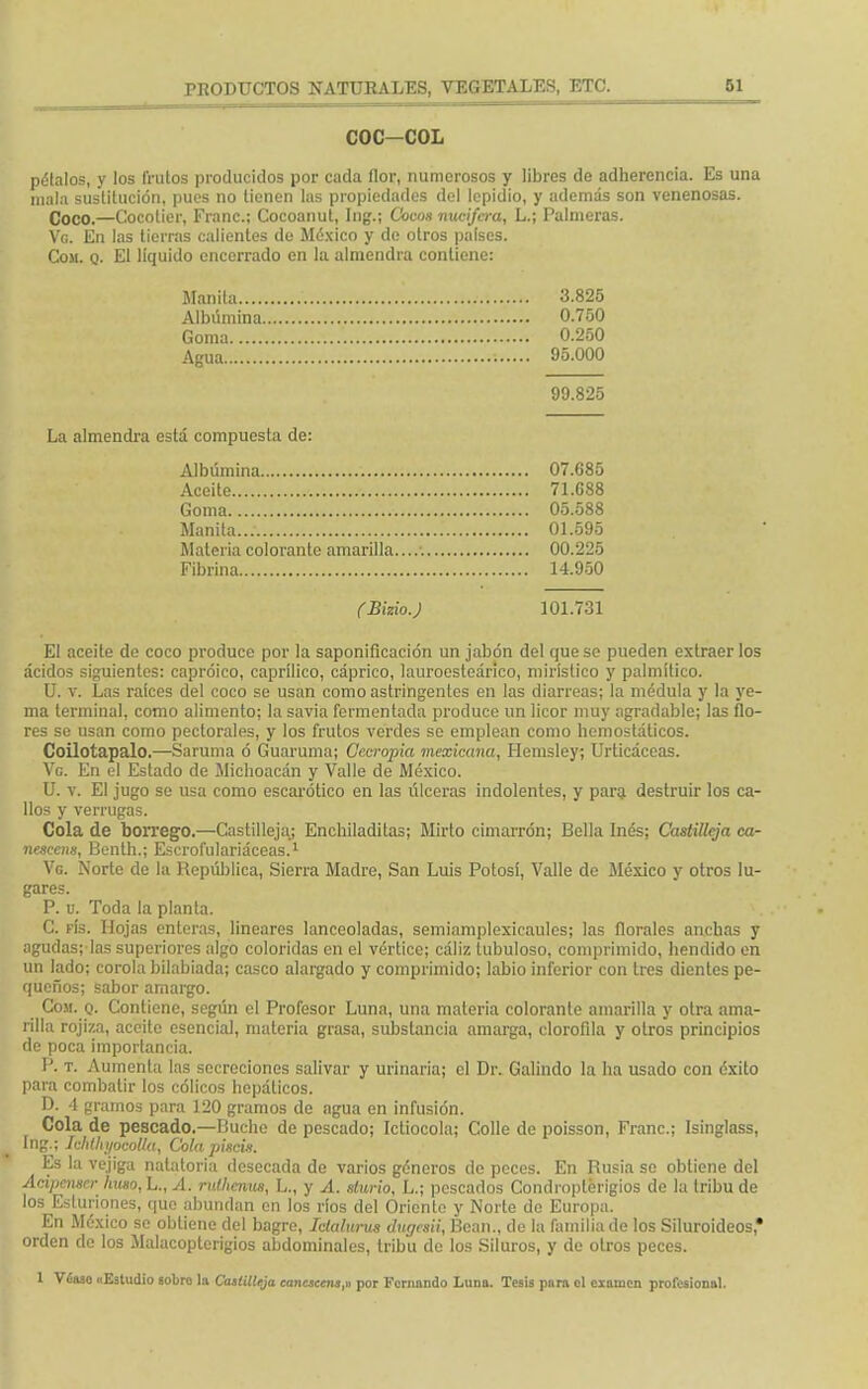 COC-COL pélalos, y los frutos producidos por cada flor, numerosos y libres de adherencia. Es una mala sustitución, pues no tienen las propiedades del lepidio, y además son venenosas. Coco.—Cocolier, Franc; Cocoanut, Ing.; Cocón nucífera, L.; Palmeras. Vg. En las tierras calientes de México y de otros países. Con. q. El líquido encerrado en la almendra contiene: Manila 3.825 Albúmina 0.750 Goma 0.250 Agua 95.000 99.825 La almendra está compuesta de: Albúmina 07.685 Aceite 71.688 Goma 05.588 Manila..: 01.595 Materia colorante amarilla..... 00.225 Fibrina 14.950 (Bizio.) 101.731 El aceite de coco produce por la saponificación un jabón del que se pueden extraer los ácidos siguientes: capróico, caprílico, cáprico, lauroesteárico, mirístico y palmitico. U. v. Las raíces del coco se usan como astringentes en las diarreas; la médula y la ye- ma terminal, como alimento; la savia fermentada produce un licor muy agradable; las flo- res se usan como pectorales, y los frutos verdes so emplean como hemostáticos. Coilotapalo.—Sarunia ó Guaruma; Cccropia mexicana, Hemsley; Urticáceas. Vg. En el Estado de Míchoacán y Valle de México. U. v. El jugo se usa como escarótico en las úlceras indolentes, y para destruir los ca- llos y verrugas. Cola de borrego.—Castilleja; Enchiladitas; Mirto cimarrón; Bella Inés; Castilleja ca- nescens, Benth.; Escrofulariáceas.1 Vg. Norte de la República, Sierra Madre, San Luis Potosí, Valle de México y otros lu- gares. P. u. Toda la planta. C. fís. Hojas enteras, lineares lanceoladas, semiamplexicaules; las florales anchas y agudas; las superiores algo coloridas en el vértice; cáliz tubuloso, comprimido, hendido en un lado; corola bilabiada; casco alargado y comprimido; labio inferior con tres dientes pe- queños; sabor amargo. Com. q. Contiene, según el Profesor Luna, una materia colorante amarilla y otra ama- rilla rojiza, aceite esencia], materia grasa, substancia amarga, clorofila y otros principios de poca importancia. P. t. Aumenta las secreciones salivar y urinaria; el Dr. Galindo la ha usado con éxito para combatir los cólicos hepáticos. D. -1 gramos para 120 gramos de agua en infusión. Cola de pescado.—Buche de pescado; Ictiocola; Colle de poisson, Franc; Isinglass, Ing.; Ichthyocolla, Colapiscis. Es la vejiga natatoria desecada de varios géneros de peces. En Rusia se obtiene del Aúpense)- huso, L., A. ruthenvs, L., y A. slurio, L.\ pescados Condroptérigios de la tribu de los Esturiones, que abundan en los ríos del Oriento y Norte de Europa. En México se obtiene del bagre, Iclalurus tlugesii, Bean., de la familia de los Siluroideos* orden de los Malacoplerigios abdominales, tribu de los Siluros, y de otros peces. Vóaso «Estudio sobro la CaílUlcja cancacens,» por Fernando Luna. Tesis para el examen profesional.