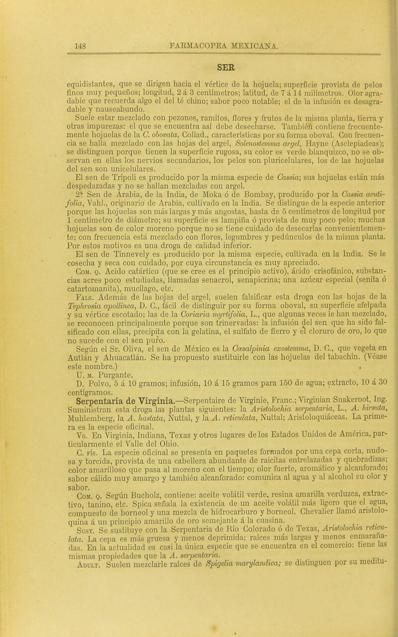 SER equidistantes, que se dirigen hacia el vértice de la hojuela; superficie provista de pelos finos muy pequeños; longitud, 2 a 3 centímetros; latitud, de 7 á 14 milímetros. Olor agra- dable que recuerda algo el del té chino; sabor poco notable; el de la infusión es desagra- dable y nauseabundo. Suele estar mezclado con pezones, ramilos, flores y frutos de la misma planta, tierra y otras impurezas: el que se encuentra así debe desecharse. También contiene frecuente- mente hojuelas de la O. obovala, Collad., características por su forma oboval. Con frecuen- cia se halla mezclado con las hojas del argel, Solcnostcmma argel, Hayne (Asclepiadeas); se distinguen porque tienen la superficie rugosa, su color es verde blanquizco, no se ob- servan en ellas los nervios secundarios, los pelos son pluricelulares, los de las hojuelas del sen son unicelulares. El sen de Trípoli es producido por la misma especie de Cassia; sus hojuelas están más despedazadas y no se hallan mezcladas con argel. 2? Sen de Arabia, de la India, de Moka ó de Bombay, producido por la Cassia aculi- folia, Vahl., originario de Arabia, cultivado en la India. Se distingue de la especie anterior porque las hojuelas son más largas y más angostas, hasta de 5 centímetros de longitud por 1 centímetro de diámetro; su superficie es lampiña ó provista de muy poco pelo; muchas hojuelas son de color moreno porque no se tiene cuidado de desecarlas convenientemen- te; con frecuencia está mezclado con flores, legumbres y pedúnculos de la misma planta. Por estos motivos es una droga de calidad inferior. El sen de Tinnevely es producido por la misma especie, cultivada en la India. Se le cosecha y seca con cuidado, por cuya circunstancia es muy apreciado. Con. q. Acido catártico (que se cree es el principio activo), ácido crisofáníco, substan- cias acres poco estuchadas, llamadas senacrol, senapicrina; una azúcar' especial (senita ó catartomanita), mucílago, etc. Fals. Además de las hojas del argel, suelen falsificar esta droga con las hojas de la Tcphrosia apoüinea, D. C, fácil de distinguir por su forma oboval, su superficie afelpada y su vértice escotado; las de la Coriaria myrtifolia, L., que algunas veces le han mezclado, se reconocen principalmente porque son trinervadas: la infusión del sen que ha sido fal- sificado con ellas, precipita con la gelatina, el sulfato de fierro y el cloruro de oro, lo que no sucede con el sen puro. Según el Sr. Oliva, el sen de México es la Cazsalpinia exoslemma, D. 0., que vegeta en Autlán y Ahuacatlán. Se ha propuesto sustituirle con las hojuelas del tabachfn. (Véase este nombre.) U. m. Purgante. D. Polvo, 5 á 10 gramos; infusión, 10 á 15 gramos para 150 de agua; extracto, 10 á 30 centigramos. Serpentaria de Virginia.—Serpentaire de Virginie, Franc; Virginian Snakeroot, Ing. Suministran esta droga las plantas siguientes: la Árislolochia serpentaria, L., .4. hirsuta, Muhlemberg, la A. hasiata, Nuttal, y la A. rcticulala, Nuttal; Aristoloquiáceas. La prime- ra es la especie oficinal. Vg. En Virginia, Indiana, Texas y otros lugares délos Estados Unidos de América, par- ticularmente el Valle del Ohio. C. fís. La especie oficinal se presenta en paquetes formados por una cepa corta, nudo- sa y torcida, provista de una cabellera abundante de raicitas entrelazadas y quebradizas; color amarilloso que pasa al moreno con el tiempo; olor fuerte, aromático y alcanforado; sabor cálido muy amargo y también alcanforado: comunica al agua y al alcohol su olor y sabor. Cosí. q. Según Bucholz, contiene: aceite volátil verde, resina amarilla verduzca, extrac- tivo, tanino, etc. Spica señala la existencia de un aceite volátil más ligero que el agua, compuesto de borneol y una mezcla de hidrocarburo y borneol. Chevalier llamó arislolo- quina á un principio amarillo de oro semejante á la cuasina. Sust. Se sustituye con la Serpentaria de Río Colorado ó de Texas, Aríslolocha rdicu- lata. La cepa es más gruesa y menos deprimida; raíces más largas y menos enmaraña- das. En la actualidad es casi la única especie que se encuentra en el comercio: tiene las mismas propiedades que la A. serpollaría. Adult. Suelen mezclarle raíces de Spigelia marylandica; se distinguen por su meditu-