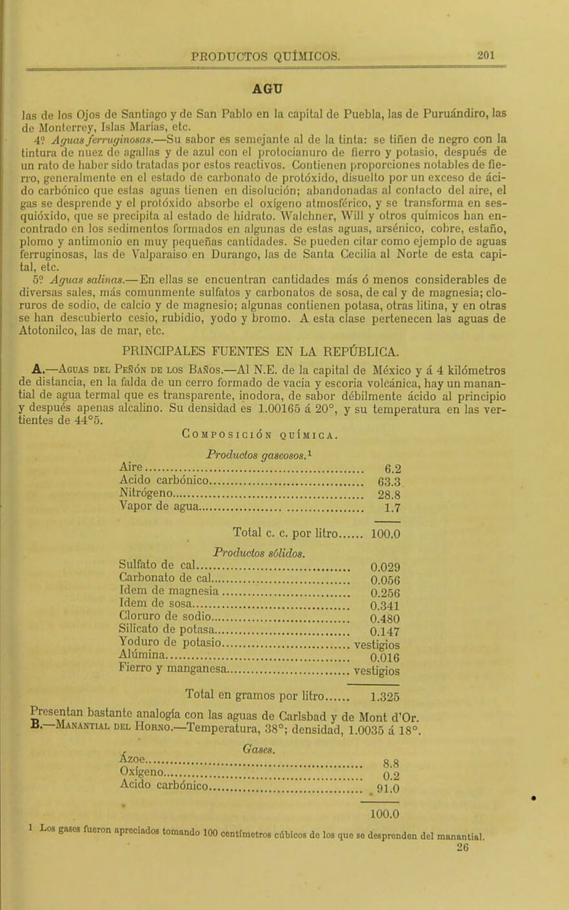 AGU las de los Ojos de Santiago y do San Pablo en la capital de Puebla, las de Puruándiro, las de Monterrey, Islas Marías, etc. 4? Aguas ferruginosas.—Su sabor es semejante al de la tinta: se tifien de negro con la tintura de nuez de agallas y de azul con el protocianuro de fierro y potasio, después de un rato de haber sido tratadas por estos reactivos. Contienen proporciones notables de fie- rro, generalmente en el estado de carbonato de prolóxido, disuelto por un exceso de áci- do carbónico que estas aguas tienen en disolución; abandonadas al contacto del aire, el gas se desprende y el prolóxido absorbo el oxígeno atmosférico, y se transforma en ses- quióxído, que so precipita al estado do hidrato. Walchner, Will y otros químicos han en- contrado en los sedimentos formados en algunas do estas aguas, arsénico, cobre, estaño, plomo y antimonio en muy pequeñas cantidades. Se pueden eilar como ejemplo de aguas ferruginosas, las de Valparaíso en Durango, las do Santa Cecilia al Norte de esta capi- tal, etc. 5? Aguas salinas.— En ellas se encuentran cantidades más ó menos considerables de diversas sales, más comunmente sulfatos y carbonatos de sosa, de cal y de magnesia; clo- ruros de sodio, de calcio y de magnesio; algunas contienen potasa, otras litina, y en otras se han descubierto cesio, rubidio, yodo y bromo. A esta clase pertenecen las aguas de Atotonilco, las de mar, etc. PRINCIPALES FUENTES EN LA REPÚBLICA. A.—Aguas del Peñón de los Baños.—Al N.E. de la capital de México y á 4 kilómetros de distancia, en la falda de un cerro formado de vacia y escoria volcánica, hay un manan- tial de agua termal que es transparente, inodora, de sabor débilmente ácido al principio y después apenas alcalino. Su densidad es 1.00165 á 20°, y su temperatura en las ver- tientes de 44°5. Composición química. Productos gaseosos.1 Aire 6.2 Acido carbónico 63.3 Nitrógeno 28.8 Vapor de agua 1.7 Total c. c. por litro 100.0 Producios sólidos. Sulfato de cal 0.029 Carbonato de cal 0.056 Idem de magnesia 0.256 Idem de sosa 0.341 Cloruro de sodio 0.480 Silicato do potasa 0.147 Yoduro de potasio vestigios Alúmina 0.016 Fierro y manganesa vestigios Total en gramos por litro 1.325 Presentan bastante analogía con las aguas do Carlsbad y de Mont d'Or. Manantial del Horno.—Temperatura, 38°; densidad, 1.003o á 18°. , Gases. Azoe g g Oxígeno o! 2 Acido carbónico 9L0 100.0 1 Los gasea fueron apreciados tomando 100 centímetros cúbicos do los que so desprenden del manantial. 26