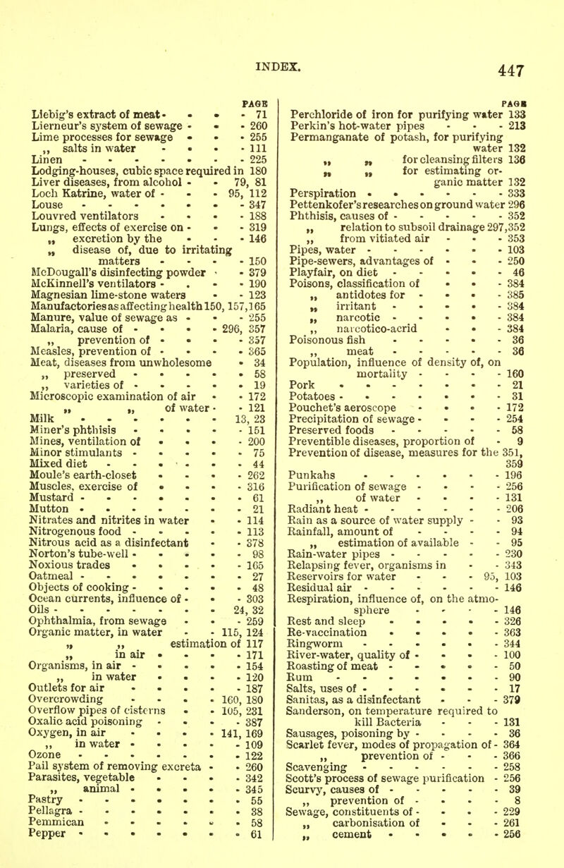 PAGE LIebig's extract of meat- - • - 71 Lierneur's system of sewage ... 260 Lime processes for sewage - • • 255 ,, salts in water • • • - 111 Linen 225 Lodging-houses, cubic space required in 180 Liver diseases, from alcohol - • 79, 81 Loch Katrine, water of - - - 95, 112 Louse - 347 Louvred ventilators .... 188 Lungs, effects of exercise on • • - 319 „ excretion by the - - • 146 „ disease of, due to irritating matters .... 150 McDougall's disinfecting powder - - 379 McKinnell's ventilators - . - -190 Magnesian lime-stone waters - - 123 Manufactories as affecting health 150, 157,165 Manure, value of sewage as • Malaria, cause of • • • „ prevention of • Measles, prevention of - Meat, diseases from unwholesome „ preserved ... „ varieties of - Microscopic examination of air „ „ of water Milk Miner's phthisis ... Mines, ventilation of • « Minor stimulants ... Mixed diet - - - - Moule's earth-closet Muscles, exercise of • Mustard ..... Mutton Nitrates and nitrites in water Nitrogenous food - Nitrous acid as a disinfectant Norton's tube-well... Noxious trades ... Oatmeal Objects of cooking - Ocean currents, influence of • Oils Ophthalmia, from sewage Organic matter, in water „ ,, estimation of „ in air > Organisms, in air - „ in water Outlets for air ... Overcrowding Overflow pipes of cisterns Oxalic acid poisoning Oxygen, in air ... „ in water - Ozone Pail system of removing excreta Parasites, vegetable „ animal - Pastry ..... Pellagra ..... Pemmican .... Pepper • 115 141 '255 357 357 365 34 58 19 172 121 !, 23 151 200 75 44 262 316 61 21 114 113 378 98 165 27 48 303 , 32 259 124 117 171 154 120 187 180 231 387 169 109 122 260 342 345 55 38 58 61 PAGB Perchloride of iron for purifying water 133 Perkin's hot-water pipes - - - 213 Permanganate of potash, for purifying water 132 „ „ for cleansing filters 136 M „ for estimating or- ganic matter 132 Perspiration 333 Pettenkofer's researches on ground water 296 Phthisis, causes of 352 „ relation to subsoil drainage 297,352 ,, from vitiated air ... 353 Pipes, water 103 Pipe-sewers, advantages of • 250 Playfair, on diet 46 Poisons, classification of 384 „ antidotes for - • « - 385 M irritant 384 „ narcotic ..... 384 „ nat cotico-acrid • « - 384 Poisonous fish 36 „ meat 36 Population, influence of density of, on mortality ... - 160 Pork 21 Potatoes 31 Pouchet's aeroscope .... 172 Precipitation of sewage .... 254 Preserved foods 58 Preventible diseases, proportion of - 9 Prevention of disease, measures for the 351, 359 Punkahs 196 Purification of sewage 256 ,, of water - • - - 131 Radiant heat 206 Rain as a source of water supply - - 93 Rainfall, amount of - 94 „ estimation of available - - 95 Rain-water pipes 230 Relapsing fever, organisms in - - 343 Reservoirs for water - - - 95, 103 Residual air - - - - - 146 Respiration, influence of, on the atmo- sphere - 146 Rest and sleep 326 Re-vaccination ..... 363 Ringworm ...... 344 River-water, quality of - - • - 100 Roasting of meat ... 50 Rum 90 Salts, uses of • - - - - - 17 Sanitas, as a disinfectant - - - 379 Sanderson, on temperature required to kill Bacteria - - - 131 Sausages, poisoning by - - - - 36 Scarlet fever, modes of propagation of - 364 „ prevention of - - - 366 Scavenging 258 Scott's process of sewage purification - 256 Scurvy, causes of 39 ,, prevention of - • • - 8 Sewage, constituents of - - . - 229 „ carbonisation of 261 cement - • • • - 256