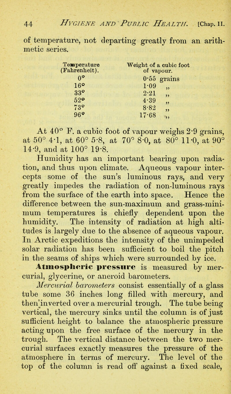 of temperature, not departing greatly from an arith- metic series. At 40*^ F. a cubic foot of vapour weighs 2*9 grains, at 50° 4-1, at 60° 5-8, at 70° 8-0, at 80° ll'O, at 90° 14-9, and at 100° 19-8. Humidity has an important bearing upon radia- tion, and thus upon climate. Aqueous vapour inter- cepts some of the sun's luminous rays, and very greatly impedes the radiation of non-luminous rays from the surface of the earth into space. Hence the difference between the sun-maximum and grass-mini- mum temperatures is chiefly dependent upon the humidity. The intensity of radiation at high alti- tudes is largely due to the absence of aqueous vapour. In Arctic expeditions the intensity of the unimpeded solar radiation has been sufficient to boil the pitch in the seams of ships which were surrounded by ice. Atmoispheric preissiire is measured by mer- curial, glycerine, or aneroid barometers. Mercurial barometers consist essentially of a glass tube some 36 inches long filled with mercury, and thenHnverted over a mercurial trough. The tube being vertical, the mercury sinks until the column is of just sufficient height to balance the atmospheric pressure acting upon the free surface of the mercury in the trough. The vertical distance between the two mer- curial surfaces exactly measures the pressure of the atmosphere in terms of mercury. The level of the top of the column is read off against a fixed scale^ Temperature (Falirenheit). Weight of a cubic foot of vajDour. 0^ 73^ 96«^ 1- 09 2- 21 4-39 8-82 17-68 0-55 grains