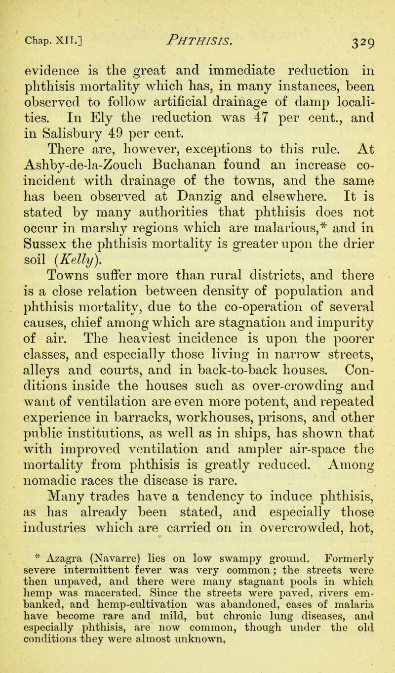 evidence is the great and immediate reduction in plitliisis mortality which has, in many instances, been observed to follow artificial drainage of damp locali- ties. In Ely the reduction was 47 per cent., and in Salisbury 49 per cent. There are, however, exceptions to this rule. At Ashby-de-la-Zouch Buchanan found an increase co- incident with drainage of the towns, and the same has been observed at Danzig and elsewhere. It is stated by many authorities that phthisis does not occur in marshy regions which are malarious,^ and in Sussex the phthisis mortality is greater upon the drier soil [Kelly), Towns suffer more than rural districts, and there is a close relation between density of population and phthisis mortality, due to the co-operation of several causes, chief among which are stagnation and impurity of air. The heaviest incidence is upon the poorer classes, and especially those living in narrow streets, alleys and courts, and in back-to-back houses. Con- ditions inside the houses such as over-crowding and want of ventilation are even more potent, and repeated experience in barracks, workhouses, prisons, and other public institutions, as well as in ships, has shown that with improved ventilation and ampler air-space the mortality from phthisis is greatly reduced. Among nomadic races the disease is rare. Many trades have a tendency to induce phthisis, as has already been stated, and especially those industries which are carried on in overcrowded, hot, ''^ Azagra (Navarre) lies on low swami^y ground. Formerly severe intermittent fever was very common; the streets were then unpaved, and there were many stagnant pools in which hemp was macerated. Since the streets were paved, rivers em- banked, and hem]3-cnltivation was abandoned, cases of malaria have become rare and mild, but chronic lung diseases, and especially phthisis, are' now common, though under the old conditions they were almost unknown,