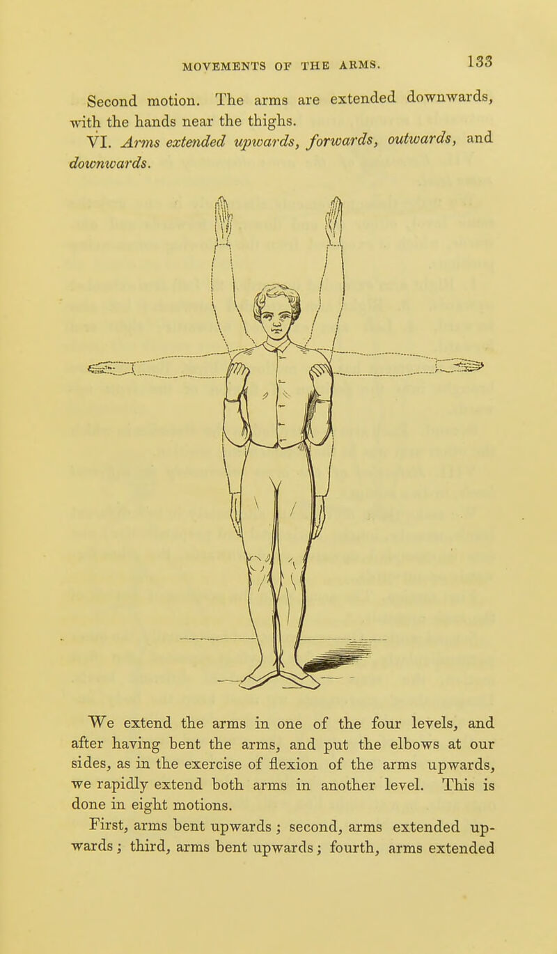 Second motion. The arras are extended downwards, with the hands near the thighs. VI. Arms extended upwards, forwards, outwards, and downwards. We extend the arms in one of the four levels, and after having bent the arms, and put the elbows at our sides, as in the exercise of flexion of the arms upwards, we rapidly extend both arms in another level. This is done in eight motions. First, arms bent upwards ; second, arms extended up- wards ; third, arms bent upwards; fourth, arms extended