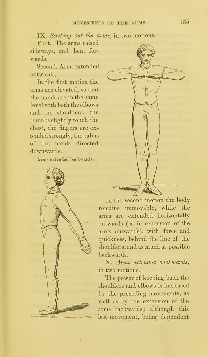 IX. Striking out the arms, in two motions. First. The arms raised sideways, and bent for- wards. Second. Arms extended outwards. In the first motion the arms are elevated, so that the hands are in the same level with both the elbows and the shoulders, the thu.mbs slightly touch the chest, the fingers are ex- tended strongly, the palms of the hands directed downwards. Arms extended backwards. In the second motion the body remains immovable, while the arms are extended horizontally outwards (as in extension of the arms outwards), with force and quickness, behind the line of the shoulders, and as much as possible backwards. X. Arms extended bacTtwards, in two motions. The power of keeping back the shoulders and elbows is increased by the preceding movements, as well as by the extension of the arms backwards; although this last movement, being dependent