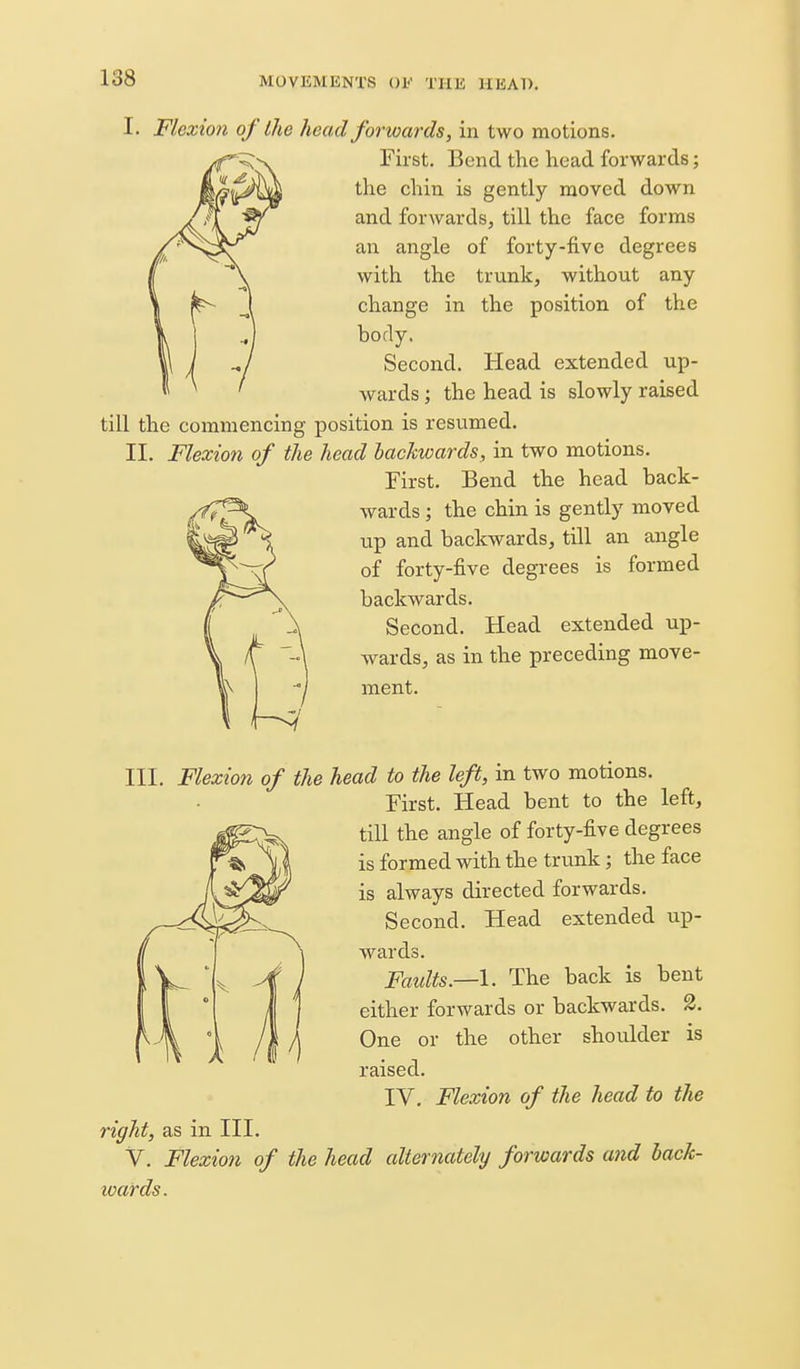 I. Flexion of the head forwards, in two motions. First. Bend the head forwards; the chin is gently moved down and forwards, till the face forms an angle of forty-five degrees with the trunk, without any change in the position of the body. Second. Head extended up- wards ; the head is slowly raised till the commencing position is resumed. II. Flexion of the head hackwards, in two motions. First. Bend the head back- wards ; the chin is gently moved up and backwards, till an angle of forty-five degrees is formed backwards. Second. Head extended up- wards, as in the preceding move- ment. III. Flexion of the head to the left, in two motions. First. Head bent to the left, till the angle of forty-five degrees is formed with the trunk; the face is always directed forwards. Second. Head extended up- wards. Faults.—I. The back is bent either forwards or backwards. 2. One or the other shoulder is raised. IV. Flexion of the head to the right, as in III. V. Flexion of the head alternately forwards and back- ivards.