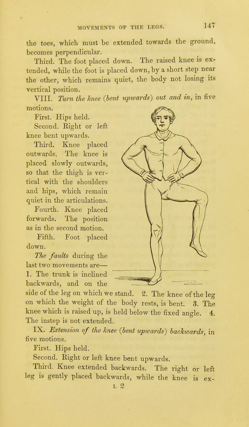 the toes, which must be extended towards the ground, becomes perpendicvilar. Third. The foot placed down. The raised knee is ex- tended, while the foot is placed down, by a short step near the other, which remains quiet, the body not losing its vertical position. VIII. Turn the knee (bent upwards) out and in, in five motions. First. Hips held. Second. Right or left knee bent upwards. Third. Knee placed outwards. The knee is placed slowly outwards, so that the thigh is ver- tical with the shoulders and hips, which remain quiet in the articulations. Fourth. Knee placed forwards. The position as in the second motion. Fifth. Foot placed down. The faults during the last two movements are— 1. The trunk is inclined backwards, and on the side of the leg on which we stand. 2. The knee of the leg on which the weight of the body rests, is bent. 3. The knee which is raised up, is held below the fixed angle. 4. The instep is not extended. IX. Extension of the knee (bent upicards) backwards, in five motions. First. Hips held. Second. Right or left knee bent upwards. Third. Knee extended backwards. The right or left leg is gently placed backwards, while the knee is ex- L 2