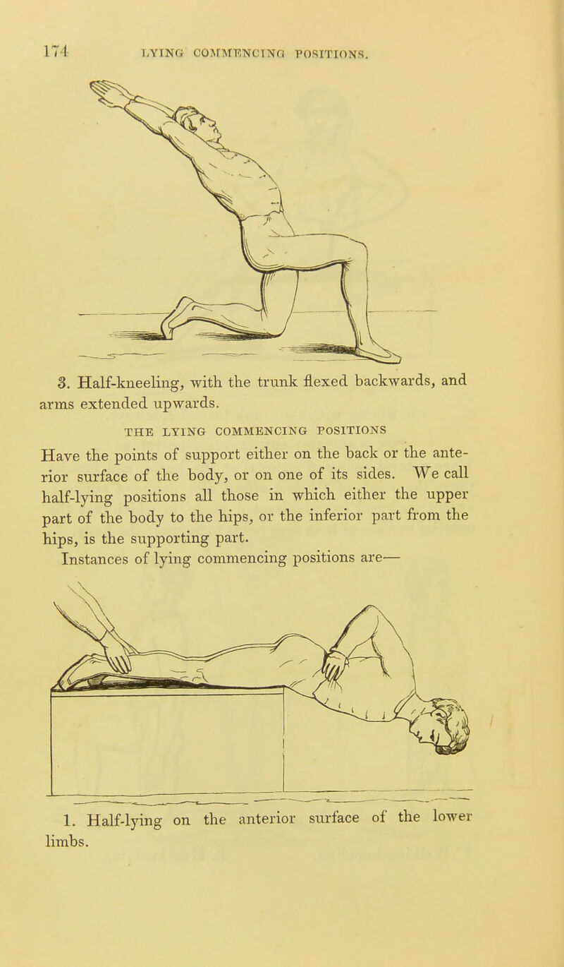 3. Half-kneeling, with the trunk flexed backwards, and arms extended upwards. THE LYING COMMENCING POSITIONS Have the points of support either on the back or the ante- rior surface of the body, or on one of its sides. We call half-lying positions all those in which either the upper part of the body to the hips, or the inferior part from the hips, is the supporting part. Instances of lying commencing positions are— 1. Half-lying on the anterior surface of the lower limbs.