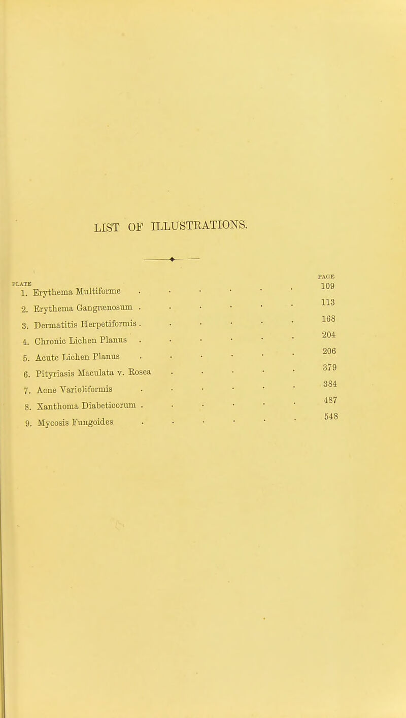 LIST OF ILLUSTRATIONS. 4- PLATE 1. Erytliema Multiforme 2. Erythema Gangrisnosiun . 3. Dermatitis Herpetiformis. 4. Clironic Liclien Plamis 5. Acute Lichen Planus 6. Pityriasis Maculata v. Rosea 7. Acne Varioliformis 8. Xanthoma Diabeticorum . 9. Mycosis Fungoides