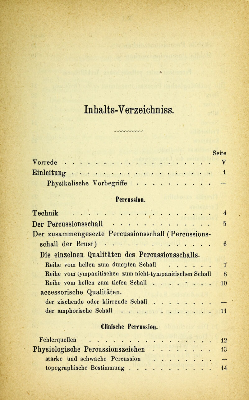 Inhalts-Verzeichniss. Seite Vorrede V Einleitung > • » • . l Physikalische Vorbegriffe — Percussion. Technik 4 Der Percussionsschall 5 Der zusarnmengesezte Percussionsschall (Percussions- schall der Brust) • 6 Die einzelnen Qualitäten des Percussionsschalls. Reihe vom hellen zum dumpfen Schall 7 Reihe vom tympanitischen zum nicht-tympanitischen Schall 8 Reihe vom hellen zum tiefen Schall 10 accessorische Qualitäten. der zischende oder klirrende Schall — der amphorische Schall 11 Clinische Percussion. Fehlerquellen 12 Physiologische Percussionszeiehen 13 starke und schwache Percussion . — topographische Bestimmung 14