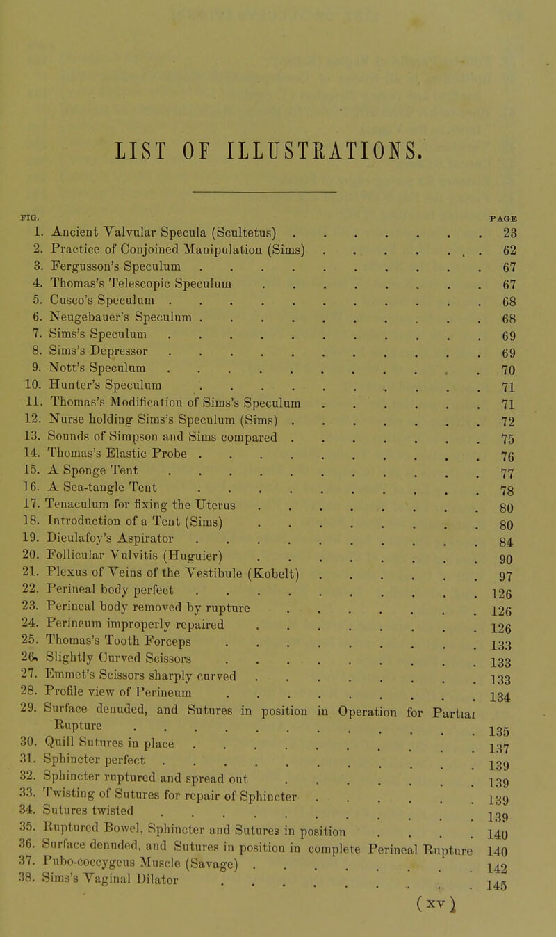 LIST OF ILLUSTEATIONS. PIG. PAGE 1. Ancient Valvular Specula (Scultetus) 23 2. Practice of Conjoined Manipulation (Sims) , . 62 3. Fergusson's Speculum 67 4. Thomas's Telescopic Speculum 67 5. Ousco's Speculum 68 6. Neugebauer's Speculum 68 7. Sims's Speculum 69 8. Sims's Depressor 69 9. Nott's Speculum „ . 70 10. Hunter's Speculum . . . 71 11. Thomas's Modification of Sims's Speculum 71 12. Nurse holding Sims's Speculum (Sims) 72 13. Sounds of Simpson and Sims compared 75 14. Thomas's Elastic Probe 76 15. A Sponge Tent 77 16. A Sea-tangle Tent 73 17. Tenaculum for fixing the Uterus 80 18. Introduction of a Tent (Sims) 30 19. Dieulafoy's Aspirator 84 20. Follicular Vulvitis (Huguier) 90 21. Plexus of Veins of the Vestibule (Kobelt) 97 22. Perineal body perfect ]^26 23. Perineal body removed by rupture 126 24. Perineum improperly repaired 126 25. Thomas's Tooth Forceps I33 26* Slightly Curved Scissors I33 27. Emmet's Scissors sharply curved I33 28. Profile view of Perineum I34 29. Surface denuded, and Sutures in position in Operation for Partial Rupture j^g^^ 30. Quill Sutures in place ]^3Y 31. Sphincter perfect J3g 32. Sphincter ruptured and spread out I39 33. Twisting of Sutures for repair of Sphincter ! 139 34. Sutures twisted j^^q 35. Ruptured Bowel, Sphincter and Sutures in position .... 140 36. Snrface denuded, and Sutures in position in complete Perineal Rupture 140 37. Pubo-coccygeus Muscle (Savage) 142 38. Sims's Vaginal Dilator 145 ■(XV] ■