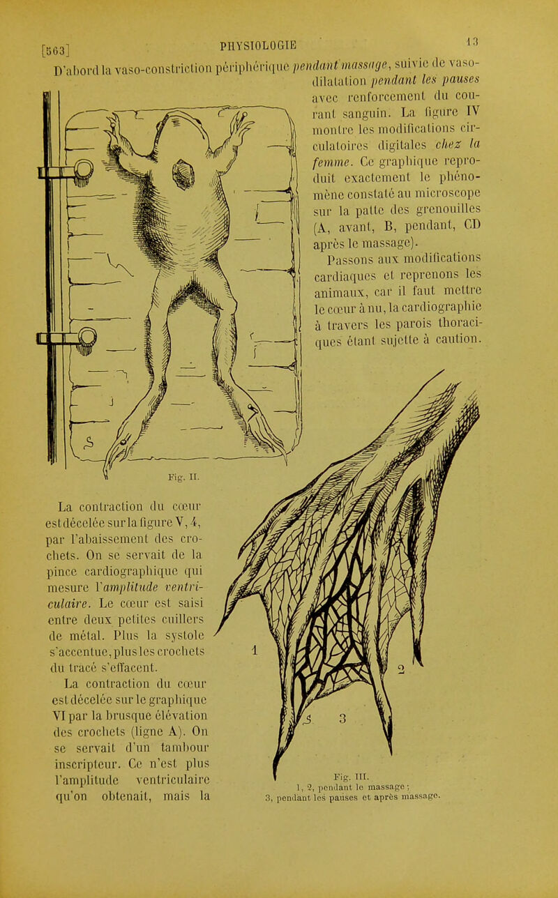 [563] D'aboi PHYSIOLOGIE 13 ,11;1 vaso-constrietion périphérique pendant massage, suivie de vaso- dilatation pendant les pauses avec renforcement du cou- rant sanguin. La figure IV montre les modifications cir- culatoires digitales chez la femme. Ce graphique repro- duit exactement le phéno- mène constaté au microscope sur la paltc des grenouilles (A, avant, B, pendant, CD après le massage). Passons aux modifications cardiaques et reprenons les animaux, car il faut mettre le cœur à nu, la cardiographie à travers les parois thoraci- ques étant sujette à caution. La contraction du cœur estdéectée snrla figure V, -4, par l'abaissement des cro- chets. On se servait de la pince cardiographique qui mesure Y amplitude ventri- culaire. Le cœur est saisi entre deux petites cuillers de métal. Plus la systole s'accentue, plusles crochets du tracé s'effacent. La contraction du cœur est déceléc sur le grapbiq ne VI par la brusque élévation des croebets (ligne A). On se servait d'un tambour inscripteur. Ce n'est plus l'amplitude ventriculaire qu'on obtenait, mais la 1, pendant le massage-, 3, pendant les pauses et après massage.