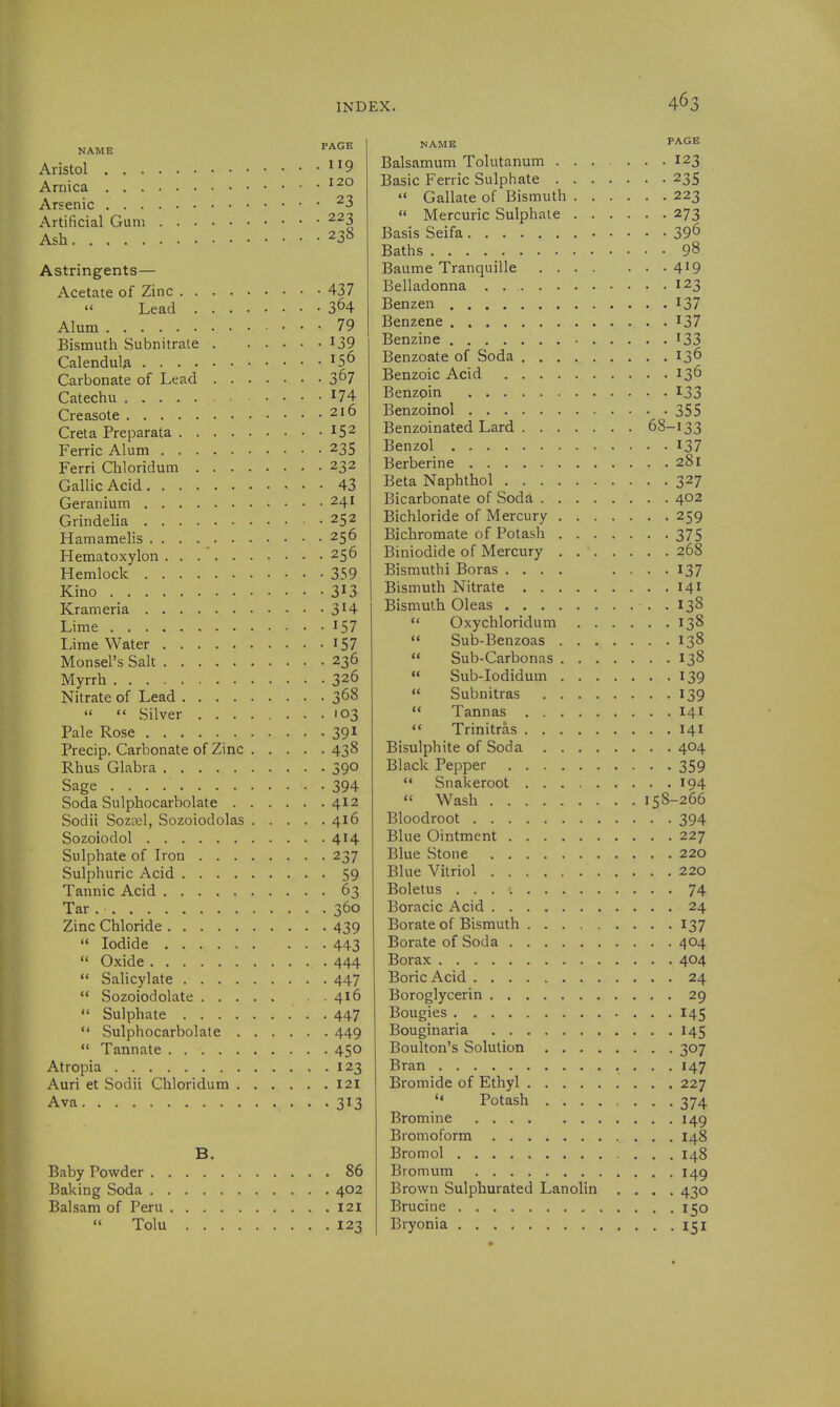 NAME PAGE Aristol 9 Arnica 120 Arsenic ^3 Artificial Gum 223 Ash 238 Astringents— Acetate of Zinc 437 Lead 304 Alum 79 Bismuth Subnitrate I39 Calendula ^S^ Carbonate of Lead 3^7 Catechu 174 Creasote 216 Creta Preparata 15^ Ferric Alum 235 Ferri Chloridum 232 Gallic Acid 43 Geranium 241 Grindelia 252 Hamamelis 256 Hematoxylon 256 Hemlock 359 Kino 313 Krameria 3H Lime I57 Lime Water I57 Monsel's Salt 236 Myrrh 326 Nitrate of Lead 368   Silver 103 Pale Rose 39^ Precip. Carbonate of Zinc 438 Rhus Glabra 390 Sage 394 Soda Sulphocarbolate 412 Sodii SozEel, Sozoiodolas 416 Sozoiodol 414 Sulphate of Iron 237 Sulphuric Acid 59 Tannic Acid 63 Tar 360 Zinc Chloride 439  Iodide 443  Oxide 444  Salicylate 447  Sozoiodolate 416  Sulphate 447  Sulphocarbolate 449  Tannate 450 Atropia 123 Auri et Sodii Chloridum I2l Ava 313 B. Baby Powder 86 Baking Soda 402 Balsam of Peru 121  Tolu 123 NAME PAGE Balsamum Tolutanum ....... 123 Basic Ferric Sulphate 235  Gallate of Bismuth 223  Mercuric Sulphate 273 Basis Seifa 39^ Baths 98 Baume Tranquille 4'9 Belladonna 123 Benzen 137 Benzene I37 Benzine I33 Benzoate of Soda 136 Benzoic Acid 136 Benzoin 133 Benzoinol 355 Benzoinated Lard 68-133 Benzol I37 Berberine 281 Beta Naphthol 327 Bicarbonate of Soda 402 Bichloride of Mercury 259 Bichromate of Potash 375 Biniodide of Mercury 268 Bismuthi Boras .... .... 137 Bismuth Nitrate 141 Bismuth Oleas , . 138  Oxychloridum 138  Sub-Benzoas 138  Sub-Carbonas 138  Sub-Iodidum 139  Subnitras 139  Tannas 141  Trinitras 141 Bisulphite of Soda 404 Black Pepper 359  Snakeroot 194  Wash 158-266 Bloodroot 394 Blue Ointment 227 Blue Stone 220 Blue Vitriol 220 Boletus . . . ; 74 Boracic Acid 24 Borate of Bismuth 137 Borate of Soda 404 Borax 404 Boric Acid 24 Boroglycerin 29 Bougies 145 Bouginaria 145 Boulton's Solution 307 Bran 147 Bromide of Ethyl 227  Potash 374 Bromine 149 Bromoform 148 Bromol 148 Bromum 149 Brown Sulphurated Lanolin .... 430 Brucine 150 Bryonia 151