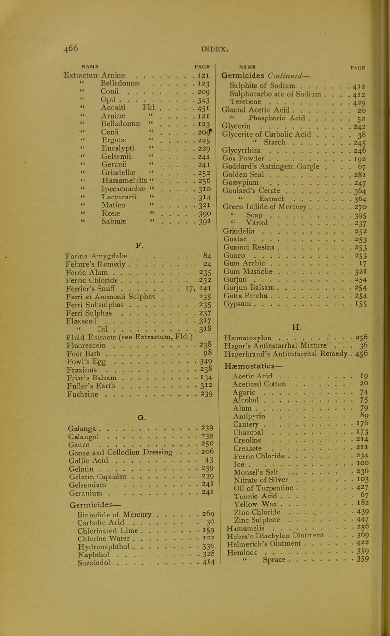 NAME PAGE Extractum Arnicae 121  Belladonnte 123  Conii 209  Opii 343  Aconiti Fid 451  ArnicEE  121  Belladonnse  123  Conii  20^ '< Ergots  225  Eucalypti  229 '* Gelsemii  241 *' Geranii  241  Grindelise  252  Hamamelidis  256  Ipecacuanhse  310  Lactucarii  314 «' Matico  321  Rosae  390  Sabinse  391 F. Farina Amygdalse 84 Febure's Remedy 24 Ferric Alum 235 Ferric Chloride 232 Ferrier's Snuff I7> ^41 Ferri et Ammonii Sulphas 235 Ferri Subsulphas 235 Ferri Sulphas 237 Flaxseed 3^7 Oil 318 Fluid Extracts (see Extractum, Fid.) Fluorescein 238 Foot Bath 98 Fowl's Egg 349 Fraxinus 238 Friar's Balsam I34 Fuller's Earth 3^2 Fuchsine 239 G. Galanga 239 Galangal 239 Gauze 250 Gauze and Collodion Dressing . . . 206 Gallic Acid 43 Gelatin 239 Gelatin Capsules 239 Gelsemium 241 Geranium 241 Germicides— Biniodide of Mercury 269 Carbolic Acid 3° Chlorinated Lime 159 Chlorine Water .102 Hydronaphthol 33° Naphthol 328 Sozoiodol .... 4'^4 NAME PAGE Germicides Continued— Sulphite of Sodium 412 Sulphocarbolate of Sodium . . . .412 Terebene 429 Glacial Acetic Acid 20  Phosphoric Acid 52 Glycerin 242 Glycerite of Carbolic Acid 38  Starch 245 Glycyrrhiza 246 Goa Powder 192 Goddard's Astringent Gargle . . . 67 Golden Seal 281 Gossypium 247 Goulard's Cerate 364  Extract 364 Green Iodide of Mercury 270  Soap 395  Vitriol 237 Grindelia 252 Guaiac 253 Guaiaci Resina 253 Guaco 253 Gum Arabic 17 Gum Mastiche 321 Gurjun 254 Gurjun Balsam 254 Gutta Percha 254 Gypsum 155 H. Hsematoxylon 256 Hagar's Anticatarrhal Mixture ... 36 Hagerbrand's Anticatarrhal Remedy . 456 Hsemostatics— Acetic Acid 19 Acetized Cotton • 20 Agaric 74 Alcohol 75 Alum -79 Antipyrin 89 Cautery 176 Charcoal 173 Cr.eoline 214 Creasote 211 Ferric Chloride 234 jce 100 Monsei's Salt 236 Nitrate of Silver 103 Oil of Turpentine 427 Tannic Acid 67 Yellow Wax 182 Zinc Chloride 439 Zinc Sulphate 447 Hamamelis . . . 256 Hebra's Diachylon Ointment .... 369 Helmerich's Ointment 422 Hemlock 359  Spruce 359