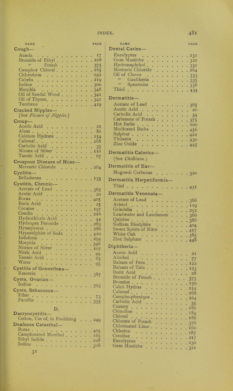 NAME PAGE Cough Acacia 17 Bromide of Ethyl 228  Potash 375 Camphor Chloral 165 Chloroform 192 Cubebs 219 Iodine 300 Morphia 348 Oil of Sandal Wood 341 Oil of Thyme, 341 Terebene 429 Cracked Nipples— (See Fissure of Nipples.') Croup— Acetic Acid 21 Alum . 81 Calcium Hydrate 154 Calomel 268 Carbolic Acid 35 Nitrate of Silver 116 Tannic Acid 67 Croupous Disease of Nose— Mercuric Chloride 264 Cyclitis— Belladonna 133 Cystitis, Chronic— Acetate of Lead 365 Acetic Acid 20 Borax 405 Boric Acid 25 Cocaine 197 Creolin 216 Hydrochloric Acid 44 Hydrogen Peroxide 283 Hyoscyamus 286 Hyposulphite of Soda 410 Iodoform 294 Morphia 346 Nitrate of Silver 107 Nitric Acid 4^ Tannic Acid 65 Water Cystitis of Gonorrhcea— Resorcin ogy Cysts, Ovarian — Iodine 703 Cysts, Sebaceous— Ether ^ ^ ^-^ Paraffin ^55 D. Dacryocystitis — Cotton, Use of, in Poulticing . . . 249 Deafness Catarrhal— Borax 405 Camphorated Menthol 165 Ethyl Iodide 228 Iodine 308 31 NAME Dental Caries— Eucalyptus . . . Gum Mastiche . . Hydronaphthol . . Mercuric Chloride Oil of Cloves  Gaultheria ....  Spearmint .... Thiol Dermatitis— Acetate of Lead .... Acetic Acid Carbolic Acid . . Carbonate of Potash Hot Baths Medicated Baths .... Sulphur Thilanin Zinc Oxide Dermatitis Calorica— (See Chilblain.') Dermatitis of Ear— Magnesii Carbonas Dermatitis Herpetiform Thiol Dermatitis Venenata— Acetate of Lead .... Aristol Grindelia Leadwater and Laudanum Quinine Sodium Bisulphite Sweet Spirits of Nitre White Oak Zinc Sulphate Diphtheria— Acetic Acid Alcohol Balsam of Peru Balsam of Tolu ... Boric Acid Bromide of Potash . . . . Bromine Calcii Hydras Calomel Campho-phenique .... Carbolic Acid Cautery Chinoline Chloral Chlorate of Potash Chlorinated Lime .... Chlorine Creoline Eucalyptus ' Gum Mastiche