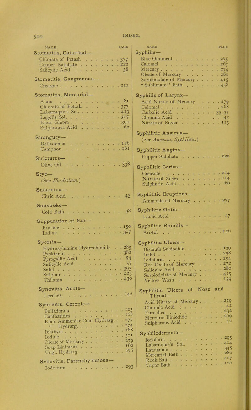 Stomatitis, Catarrhal— Stomatitis, Gangrenous- Creasote Stomatitis, Mercurial- Alum 8i Chlorate of Potash ... ■ ■ 377 Labarraque's Sol 4^3 Lugol's Sol 307 Rhus Glabra 390 Sulphurous Add 62 Strangury— Belladonna 126 Camphor -161 Strictures— Olive Oil 338 Stye— (See Hordeolum.) Sudamina— Citric Acid . . Sunstroke— Cold Bath . 43 98 Suppuration of Ear— Brucine ^5° Iodine 307 Sycosis— Hydroxylamine Hydrochloride . , 285 Pyoktanin • • • 382 Pyrogallic Acid SaUcylic Acid Salol .... Sulphur . . . Thilanin . . Synovitis, Acute— Leeches . . . . 54 57 393 423 430 142 PAGB NAME Syphilis— PAGE 377 • ■ • 275 222 58 Mercury • - -274 Oleate of Mercury .... . . 280 Sozoiodolate of Mercury . . • . .415 212 . . .458 Syphilis of Larynx— Acid Nitrate of Mercury .... 279 Calomel 268 Carbolic Acid 35. 37 Chromic Acid . . 42 Nitrate of Silver 115 Syphilitic Anaemia— (See Ancemia, Syphilitic.) Syphilitic Angina— Copper Sulphate 222 Syphilitic Caries— Creasote 214 Nitrate of Silver ..114 Sulphuric Acid 60 Synovitis, Chronic- Belladonna ^25 Canlharides Emp. Ammoniac Cum Hydrarg. . . 277  Hydrarg 274 Ichthyol 2»» Iodine 3°! Oleate of Mercury 279 Soap Liniment ^°2 Ungt. Hydrarg 276 Synovitis, Parenchymatous— Iodoform 293 Syphilitic Eruptions— Ammoniated Mercury , 277 Syphilitic Otitis— Lactic Acid 47 Syphilitic Rhinitis— Aristol 120 Syphilitic Ulcers- Bismuth Subiodide 139 lodol 298 Iodoform 294 Red Oxide of Mercury 272 Salicylic Acid 280 Sozoiodolate of Mercury 4^5 Yellow Wash ^59 Syphilitic Ulcers of Nose and Throat— Acid Nitrate of Mercury 279 Chromic Acid -. 42 Europhen ^32 Mercuric Biniodide 2t)9 Sulphurous Acid 42 Syphilodermata— Iodoform '^95 Labarraque's Sol 4^4 Laudanum 345 Mercurial Bath 26O Rock Salt 407 Vapor Bath