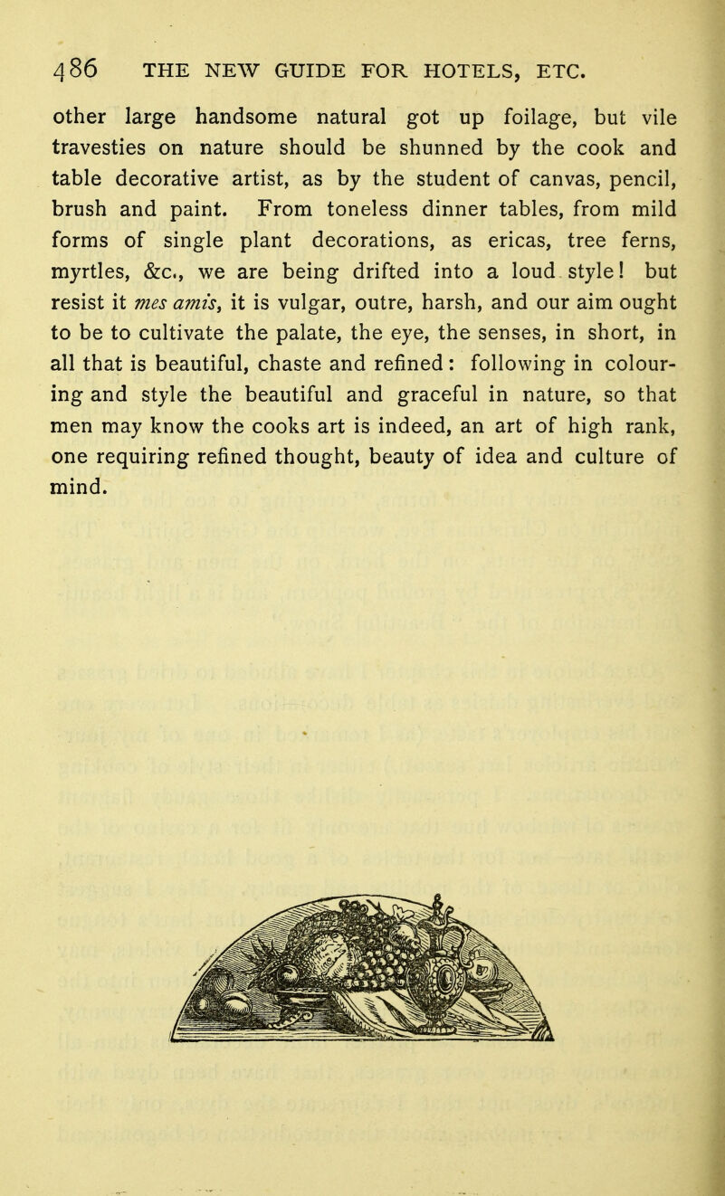 Other large handsome natural got up foilage, but vile travesties on nature should be shunned by the cook and table decorative artist, as by the student of canvas, pencil, brush and paint. From toneless dinner tables, from mild forms of single plant decorations, as ericas, tree ferns, myrtles, &c., we are being drifted into a loud style! but resist it mes amis, it is vulgar, outre, harsh, and our aim ought to be to cultivate the palate, the eye, the senses, in short, in all that is beautiful, chaste and refined : following in colour- ing and style the beautiful and graceful in nature, so that men may know the cooks art is indeed, an art of high rank, one requiring refined thought, beauty of idea and culture of mind.