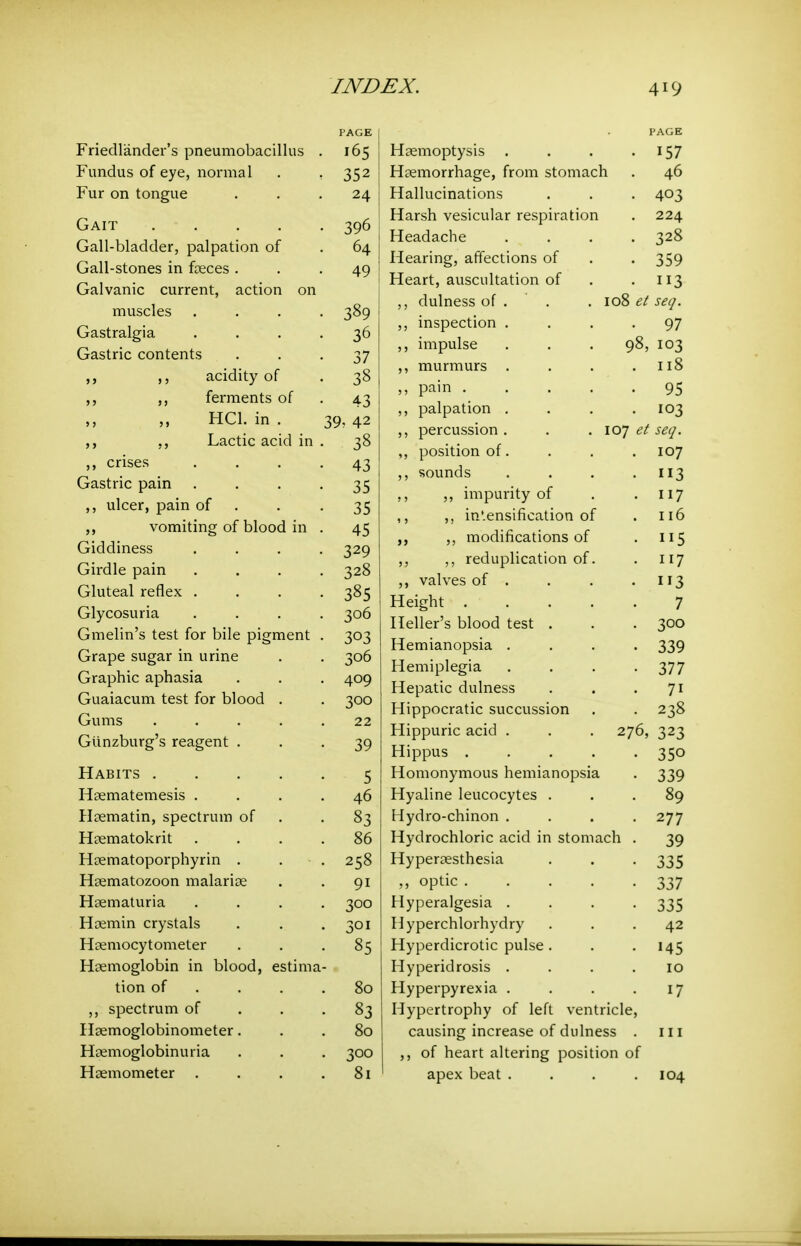 Friedlander's pneumobacillus Fundus of eye, normal Fur on tongue Gait .... Gall-bladder, palpation of Gall-stones in foeces . Galvanic current, action on muscles Gastralgia Gastric contents acidity of ,, ferments of ,, HCl. in . ,, Lactic acid in crises Gastric pain ,, ulcer, pain of vomiting of blood in Giddiness Girdle pain Gluteal reflex . Glycosuria Gmelin's test for bile pigment Grape sugar in urine Graphic aphasia Guaiacum test for blood . Gums .... Gunzburg's reagent . Habits .... Hsematemesis . Hjematin, spectrum of Haematokrit Hoematoporphyrin . Hrematozoon malarise Htematuria Heemin crystals H?emocytometer Hcemoglobin in blood, estima tion of ... , ,, spectrum of . . . Hsemoglobinometer. Hnemoglobinuria Hgemometer . PAGE 165 24 396 64 49 389 36 37 38 43 39, 42 38 43 35 35 45 329 328 385 306 303 306 409 300 22 39 5 46 83 86 258 91 300 301 85 80 83 80 300 81 PAGE Haemoptysis . 157 Haemorrhage, from stomach 46 Hallucinations 403 Harsh vesicular respiration 224 Headache 328 Hearing, affections of 359 Heart, auscultation of 113 dulness of . . . 108 et seq. ,, inspection . 97 ,, impulse ... 9 8, 103 ,, murmurs . 118 ,, pain .... 95 ,, palpation . 103 ,, percussion. . .107 et seq. ,, position of. 107 ,, sounds 3 ,, ,, impurity of • 117 ,, ,, in'.ensification of 116 ,, modifications of • 115 ,, ,, reduplication of. • 117 ,, valves of . 113 Height .... 7 Heller's blood test . 300 Hemianopsia . • 339 Hemiplegia • 377 Hepatic dulness . 71 Plippocratic succussion . 238 Hippuric acid . . . 276, 323 Hippus .... • 350 Homonymous hemianopsia 339 Hyaline leucocytes . 89 Hydro-chinon . 277 Hydrochloric acid in stomach 39 Hyperaesthesia 335 optic .... 337 Hyperalgesia . 335 H yperchlorhydry 42 Hyperdicrotic pulse , 145 Hyperidrosis . 10 Hyperpyrexia . 17 Hypertrophy of left ventricle causing increase of dulness III ,, of heart altering position 0 apex beat . . 104