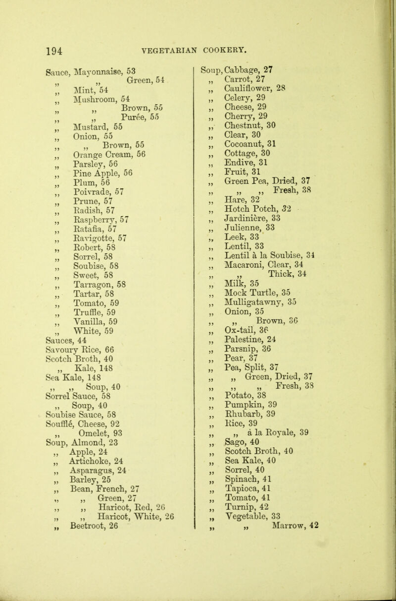 Sauce, Mayonnaise, 53 Green, 54 „ Mint, 54 ,, Mushroom, 54 Brown, 55 ,, ,j Puree, 55 I, Mustard, 55 „ Onion, 55 „ Brown, 55 Orange Cream, 56 „ Parsley, 56 Pine Apple, 56 „ Plum, 56 Poivrade, 57 „ Prune, 57 Padish, 57 „ Raspberry, 57 „ Ratafia, 57 „ Rayigotte, 57 „ Robert, 58 „ Sorrel, 58 „ Soubise, 58 „ Sweet, 58 Tarragon, 58 „ Tartar, 58 „ Tomato, 59 „ Truffle, 59 „ Yanilla, 59 „ White, 59 Sauces, 44 Sayoury Rice, 66 Scotch Broth, 40 „ Kale, 148 Sea Kale, 148 ,, Soup, 40 Sorrel Sauce, 58 „ Soup, 40 Soubise Sauce, 58 Soutile, Cheese, 92 Omelet, 93 Soup, Almond, 23 ,, Apple, 24 „ Artichoke, 24 ,, Asparagus, 24 „ Barley, 25 Bean, French, 27 „ ,, Green, 27 ,, ,, Haricot, Red, 26 ,, „ Haricot, White, 26 ,, Beetroot, 26 Sonp, Cabbage, 27 „ Carrot, 27 „ Cauliflower, 28 „ Celery, 29 Cheese, 29 „ Cherry, 29 „ Chestnut, 30 „ Clear, 30 „ Cocoanut, 31 „ Cottage, 30 Endive, 31 „ Fruit, 31 „ Green Pea, Dried, 37 „ Fresh, 38 „ Hare, 32 „ Hotch Potch, 52 ,, Jardiniere, 33 ,, Julienne, 33 „ Leek, 33 „ Lentil, 33 ,, Lentil a la Soubise, 34 ,, Macaroni, Clear, 34 Thick, 34 „ Milk, 35 „ Mock Turtle, 35 Mulligatawny, 35 ,, Onion, 35 ,, ,, Brown, 36 „ Ox-tail, 36 ,, Palestine, 24 „ Parsnip, 36 „ Pear, 37 „ Pea, Split, 37 „ Green, Dried, 37 „ „ „ Fresh, 38 „ Potato, 38 ,, Pumpkin, 39 „ Rhubarb, 39 „ Rice, 39 „ a la Roy ale, 39 „ Sago, 40 „ Scotch Broth, 40 „ Sea Kale, 40 „ Sorrel, 40 „ Spinach, 41 „ Tapioca, 41 „ Tomato, 41 Turnip, 42 „ Vegetable, 33 „ Marrow, 42