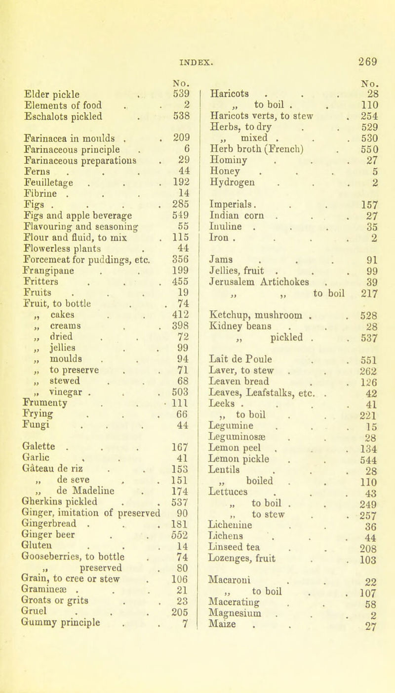 No. No. Elder pickle 539 Haricots 28 Elements of food 2 „ to boil . 110 Eschalots pickled 538 Haricots verts, to stew 254 Herbs, to dry 529 Farinacea in moulds . 209 „ mixed . 530 Farinaceous principle 6 Herb broth (French) 550 Farinaceous preparations 29 Hominy 27 Ferns 44 Honey 5 Feuilletage 192 Hydrogen 2 Fibrine . 14 Figs .... 285 Imperials. 157 Figs and apple beverage 549 Indian corn . . . 27 Flavouring and seasoning 55 luuline . 35 Flour and fluid, to mix 115 Iron .... 2 Flowerless plants 44 Forcemeat for puddings, etc. 356 Jams 91 Frangipane 199 Jellies, fruit . 99 Fritters 455 Jerusalem Artichokes 39 Fruits 19 ,, ,, to boil 217 Fruit, to bottle 74 „ cakes 412 Ketchup, mushroom . 528 „ creams 398 Kidney beans 28 „ dried 72 „ pickled . 537 „ jellies 99 „ moulds 94 Lait de Poule 551 „ to preserve 71 Laver, to stew 262 „ stewed 68 Leaven bread 1:^6 „ vinegar . Frumenty 503 Leaves, Leafstalks, etc. . 42 111 Leeks .... 41 Frying 66 „ to boil 221 Fungi 44 Legumine Leguminosae 15 28 Galette . 167 Lemon peel 134 Garlic 41 Lemon pickle 544 Gateau de riz 153 Lentils 28 „ de seve 151 „ boiled 110 „ de Madeline 174 Lettuces 43 Gherkins pickled 537 „ to boil . 249 Ginger, imitation of preserved 90 ,, to stew 257 Gingerbread . 181 Licheuiue 36 Ginger beer 652 Lichens 44 Gluten 14 Linseed tea 208 Gooseberries, to bottle 74 Lozenges, fruit 103 „ preserved 80 Grain, to cree or stew 106 Macaroni 22 Gramineaj . 21 „ to boil 107 Groats or grits 23 Macerating 58 Gruel 205 Magnesium 2 Gummy principle 7 Maize 27